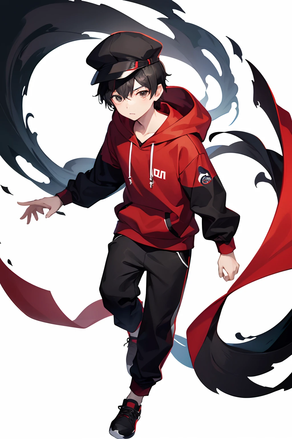1boy, Full body, white background, young,short height, Delivery Boy, Black hair, with small cap, Black and red clothes,simple clothes, Hoodie(no logo)