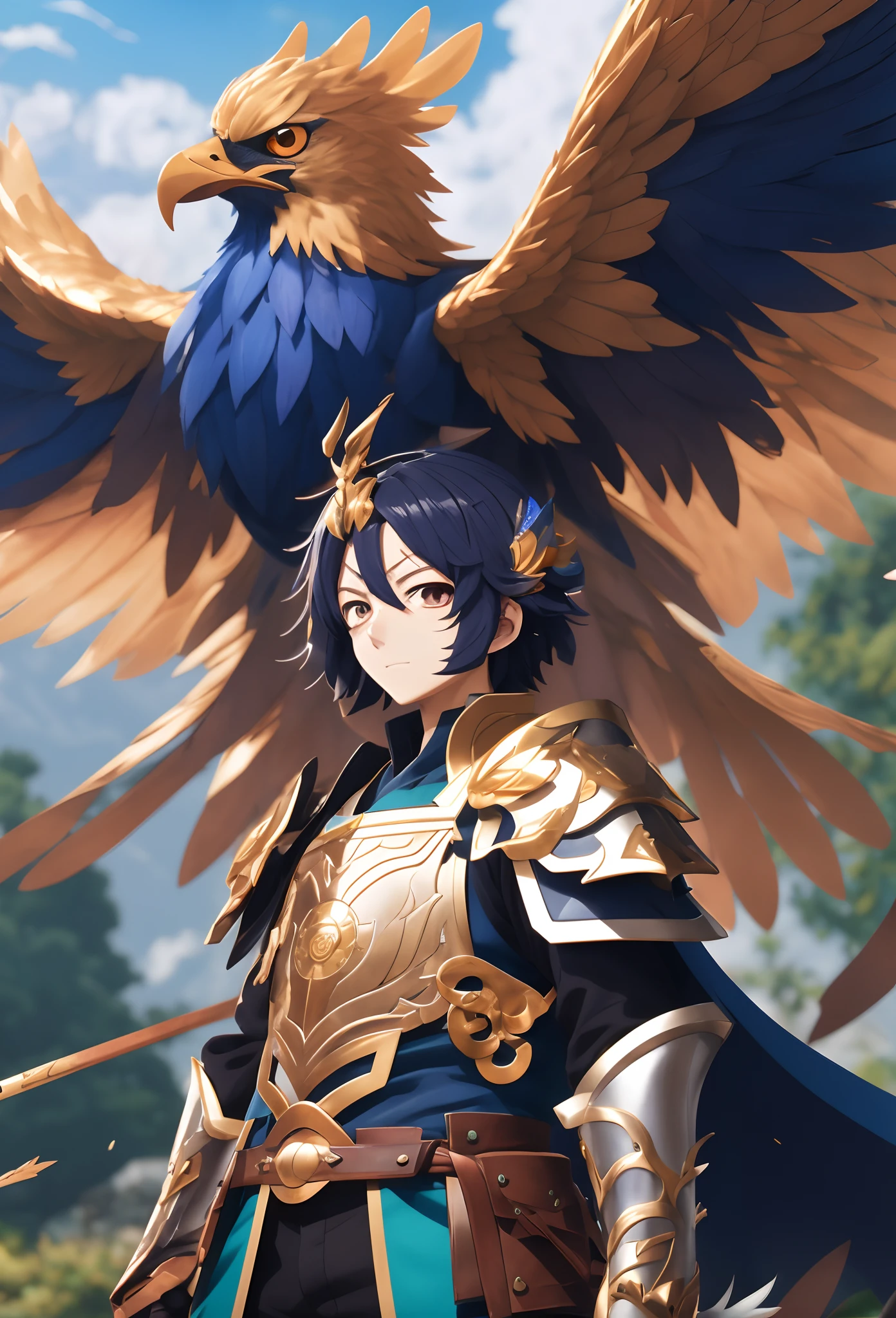 Anime - style image of a man with a bird on his shoulder, Keqing de Genshin Impact, Zhongli, Genshin Impact, menino alado, avian warrior, Arqueiro alado, Genshin, Personagem Genshin Impact, por Yang J, Heise Jinyao, arte de anime digital detalhada, arte chave detalhada do anime, Impacto de Ayaka Genshin, arte oficial altamente detalhada