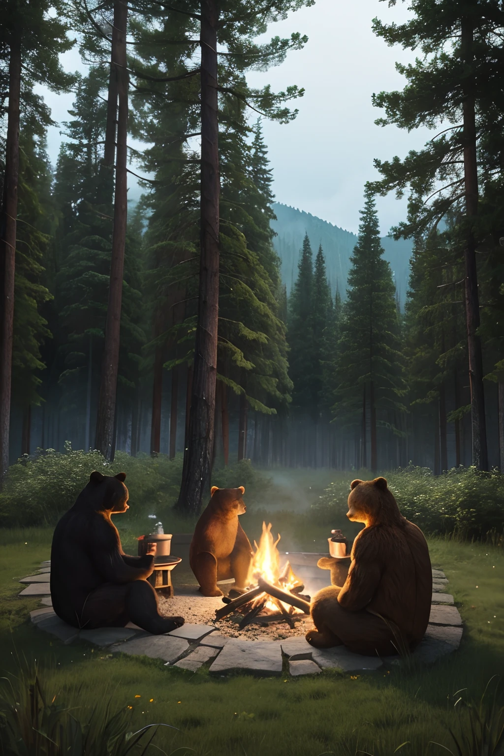 Three bears of different heights+sitting around the fire+dark forest+Miscellaneous Trees+Grass around+Pot of porridge