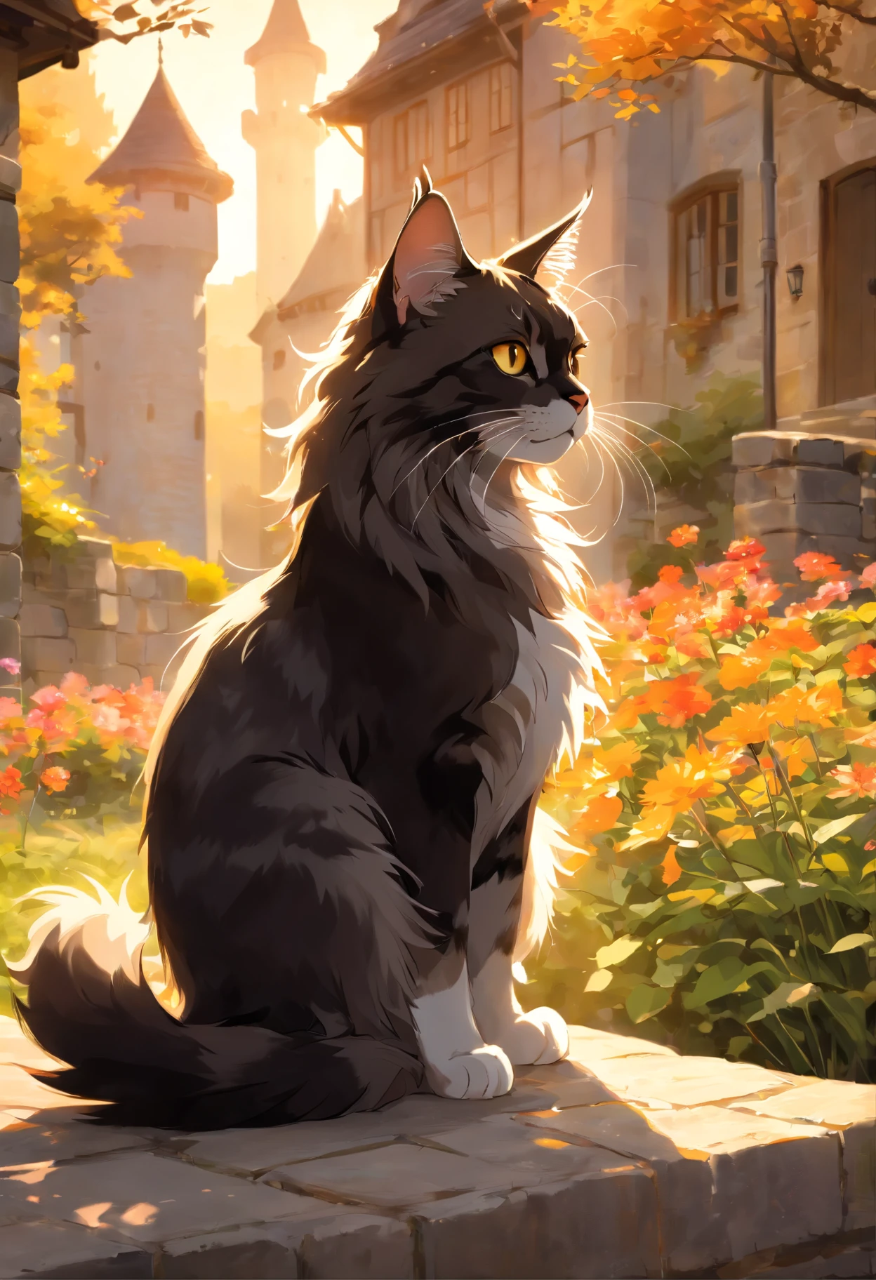 "Generate ultra-high-definition images of chic cats, Classic Cat Pose. Using advanced macro photography techniques、Highlights the intricate details of the cat's coat, mustaches, And expressive eyes.

Place the camera at the cat's eye level, Create an intimate connection between the viewer and the cat subject. Implement a wide aperture for a shallow depth of field, Make the cat stand out clearly against a gently blurred background.

Improve lighting to emphasize the texture and contours of the cat's body, Using the software, Remove coarse shadows、, cosy atmosphere.

Catch a cat in a relaxed position, But balanced, Show your flexibility and elegance. Try to capture the moment in natural movement, Stretching, grooming, etc., To convey a sense of authenticity.

Implement post-processing techniques to improve image clarity, contrast, and color balance, Secure all aspects, From the intricate patterns of cats to their intense gazes, Rendered in stunning detail.

Finally, convey the gentle beauty and innate grace of the cat,, Capture fleeting moments celebrating the unique essence of a cat's curiosity and balance." ((Maine coon)), ((Background: castle)), ((golden hour light)), ((majestic)), ((black cat)), ((old cat))