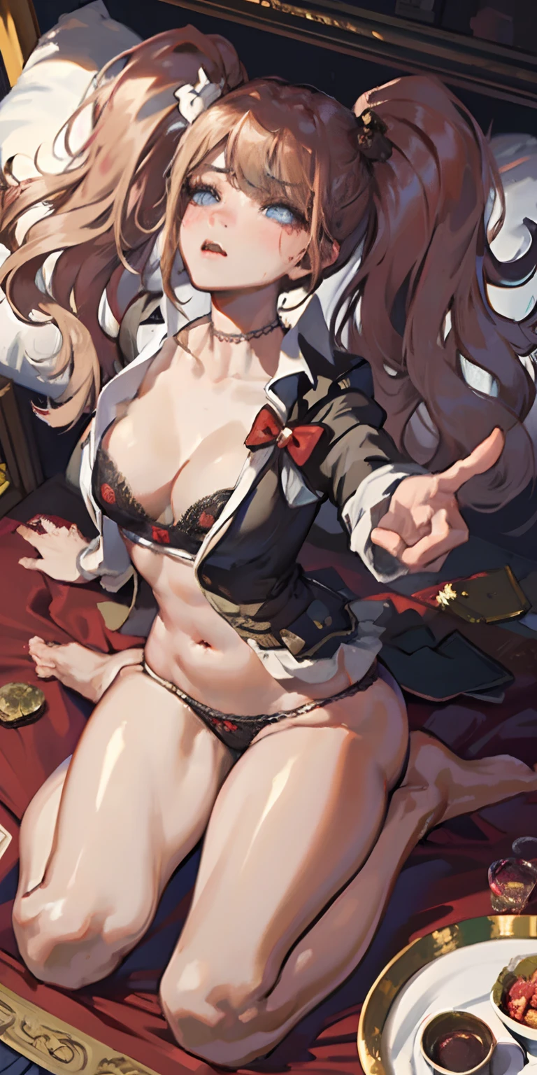 Masterpiece, top quality, high resolution, solo, big breasts, indoors, misaligned bra, thong, (reach: 1.2), lying down, from above, open arms, angry, bed, disheveled underwear, heavy breathing, sexual expression invite