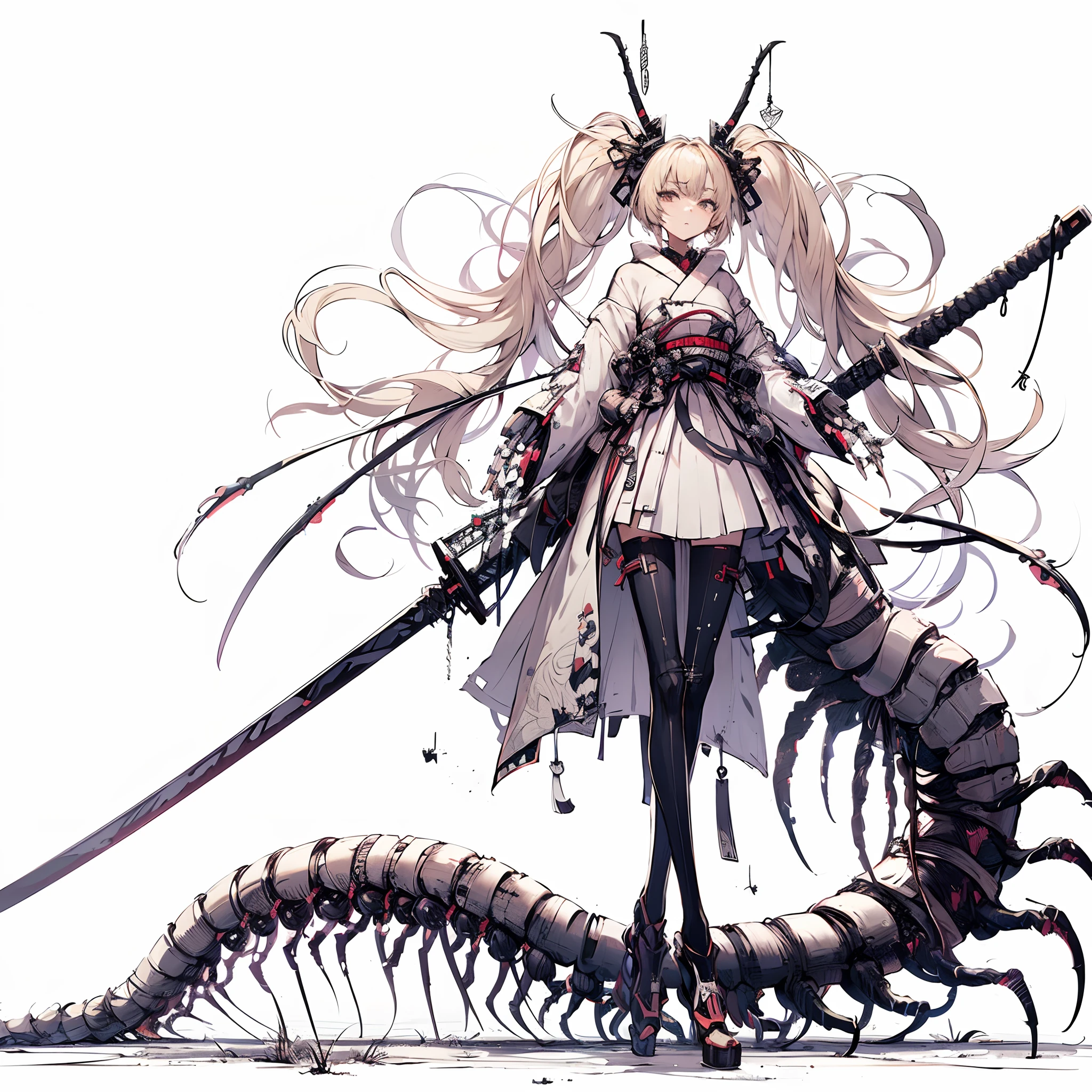 (Masterpiece, best quality), (perfect female body:1.2), ultra-detailed, anime style, solo, wearing shrine maiden's cyber dress and held giant huge katana, Cyberpunk ninja girl, Ash Blonde hair, huge many Branched centipede tail, white background, whole body. standing on wasteland