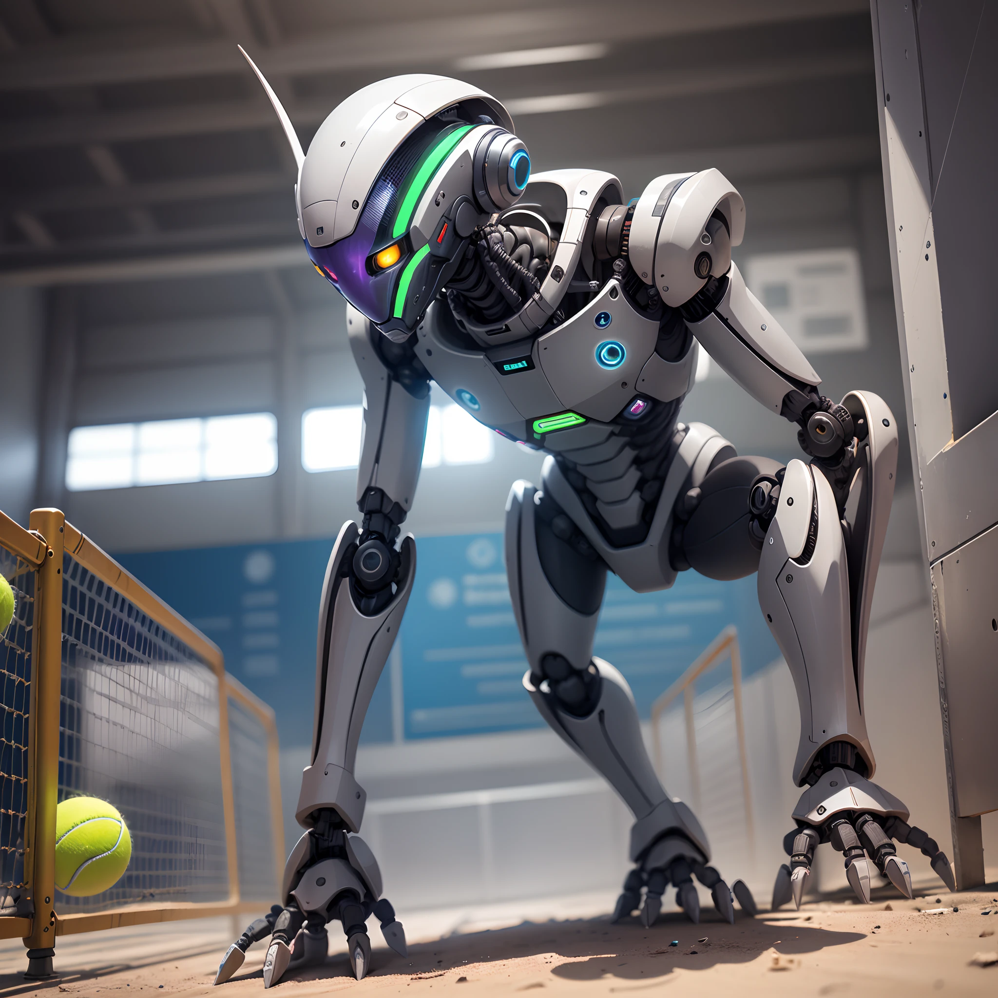 Robot alien jugando al tenis en su nave espacial