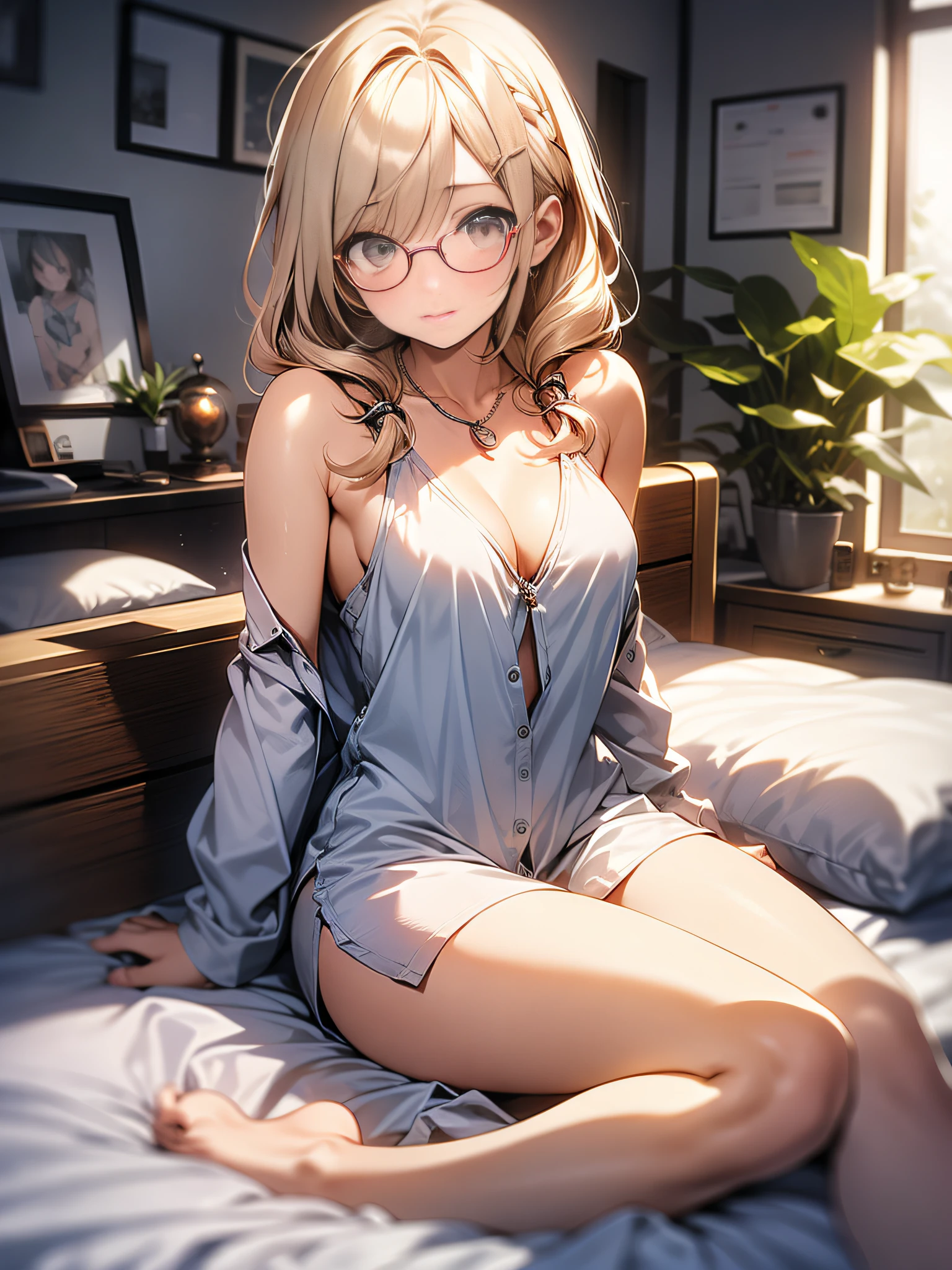 in 8K、top-quality、​masterpiece、ultra-detailliert、Ultra-high resolution、Fine eye shine、((1 persons))、girl with、a blond、floated hair、makeups、a necklace、Big round lens glasses、Medium chest、Long shirt without buttons、White underwear、cleavage of the breast、(((Sit on the bed)))、embarrassed from、Kamimei
