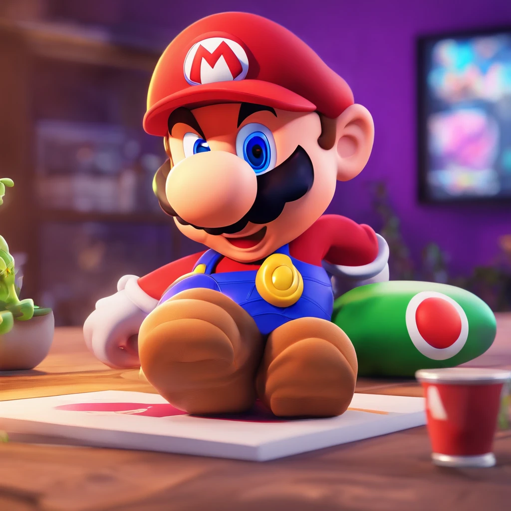 Masterpiece, best quality, (very detailed CG unity 8k wallpaper) (best quality), (best illustration), (best shadows) Mario form super Mario bros super buff with no expression on his face in a suit posing sigma drinking lean that’s purple in the mushroom kingdom