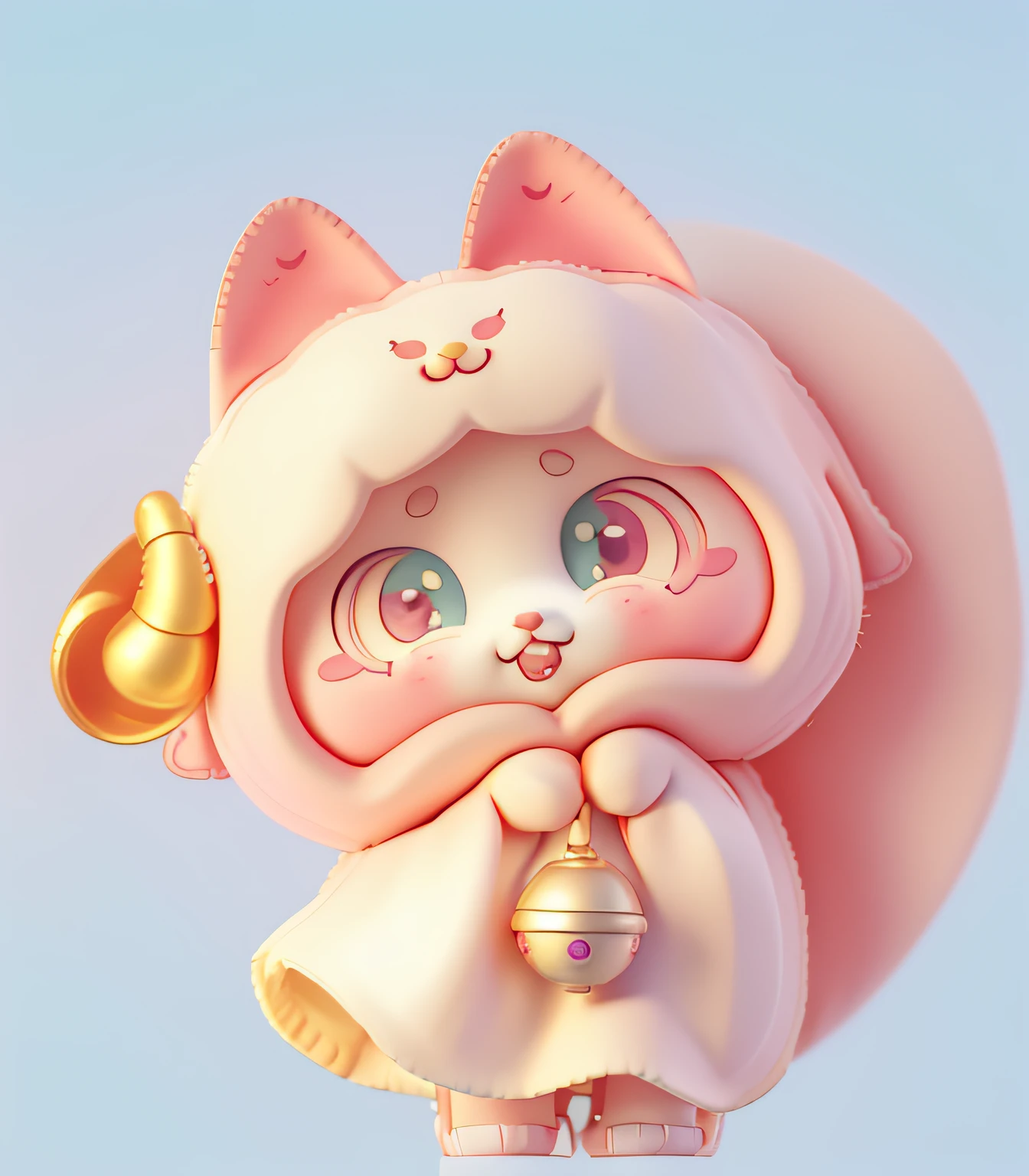 There is a painting,A in a cat-faced cape, There is a horn on the right side of the head, kawaii, Pick up the bell,Cute detailed digital art, cute colorful adorable, POP blind box toys, lovely art style, anime cat, cute artwork, , cute detailed artwork, A high resolution, Modeling renders stereograms, Fantastic color scheme, alice in wonderland theme, cute character, Light colors,Girly colors,Three-dimensional,by Pixar,3dModeling