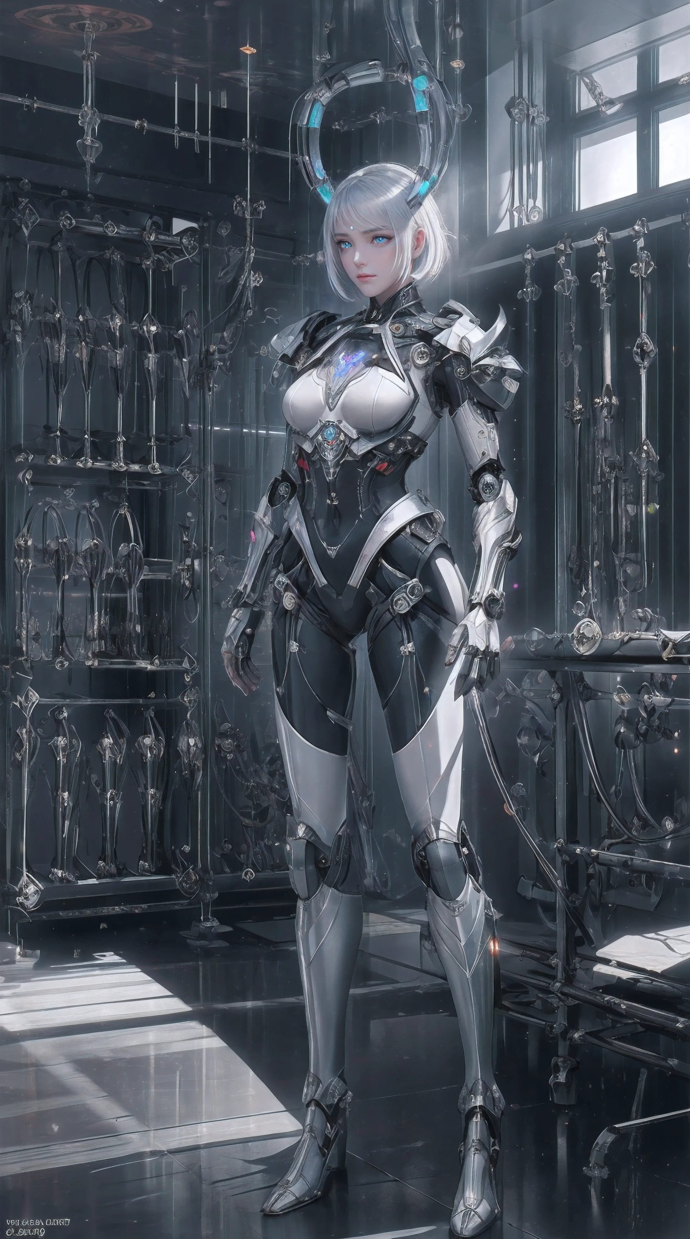 (from front:1.5), (1mechanical girl:1.5),full body, solo, Slim waist, thick thighs, (machine made joints:1.2),(machanical limbs:1.1),(blood vessels connected to tubes),(mechanical vertebra attaching to back),(mechanical cervial attaching to neck), lights on armor, mecha headglass, (Luminous Arms:1.5), (laser eyes:1.5), expressionless, huge breast,
colorful,hdr, ray tracing, nvidia rtx, super-resolution, unreal 5, subsurface scattering, pbr texturing, post-processing, anisotropic filtering, depth of field, maximum clarity and sharpness, rule of thirds, 16k raw, (luminescent particles:1.4), extremely detailed cg, unity 8k wallpaper, 3d, cinematic lighting, lens flare, reflections, sharp focus, cyberpunk art, realistic, highly detailed CG illustration, an extremely delicate and beautiful, cinematic light, (photorealistic:1.5), (Dark background:1.5),dynamic angle, masterpiece, best quality, ultra-detailed, illustration, detailed light, dramatic_shadow,face shadow,extra detailed,best performance,