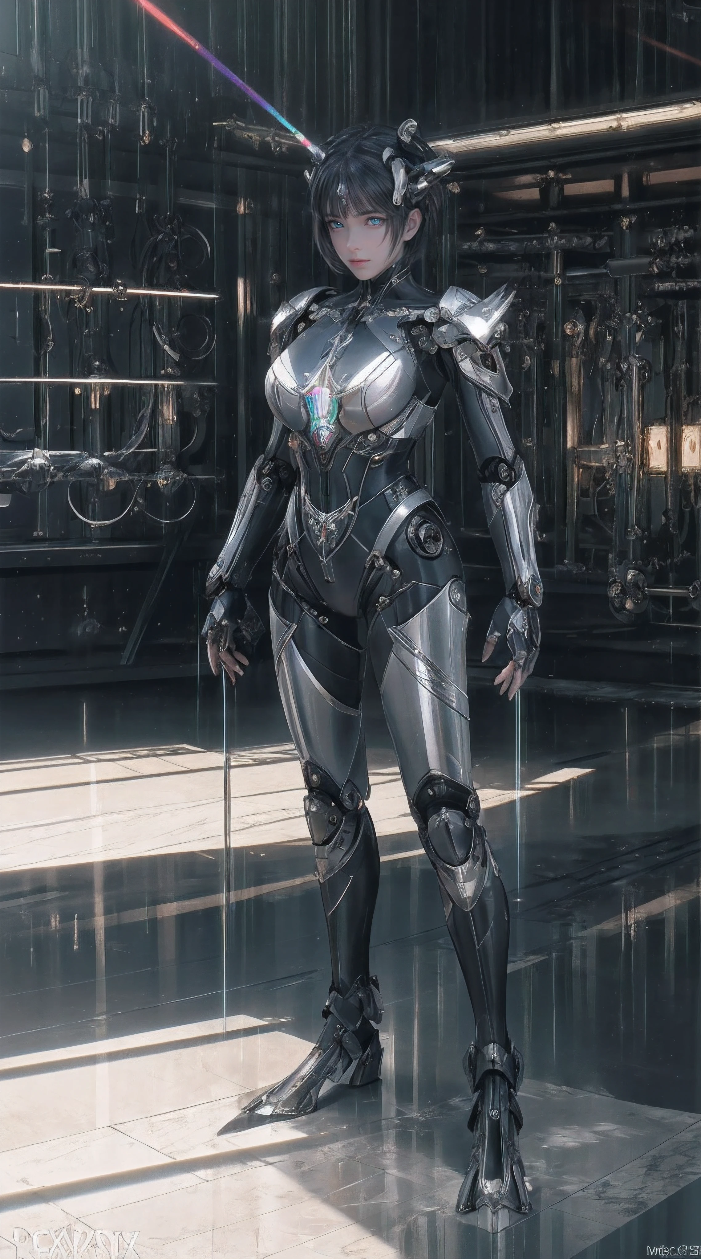 Ultra HD, Retina, Anatomically correct, Textured Skin, masterpiece, precise，Solitary，high quality,Extremely detailed，(Robot women),(Iron Body:1.7),(Glowing skin:1.8),(Bright Light),(Standing:1.7),[Detail face],(Mean face:1.7),(Police)(Blue and White)