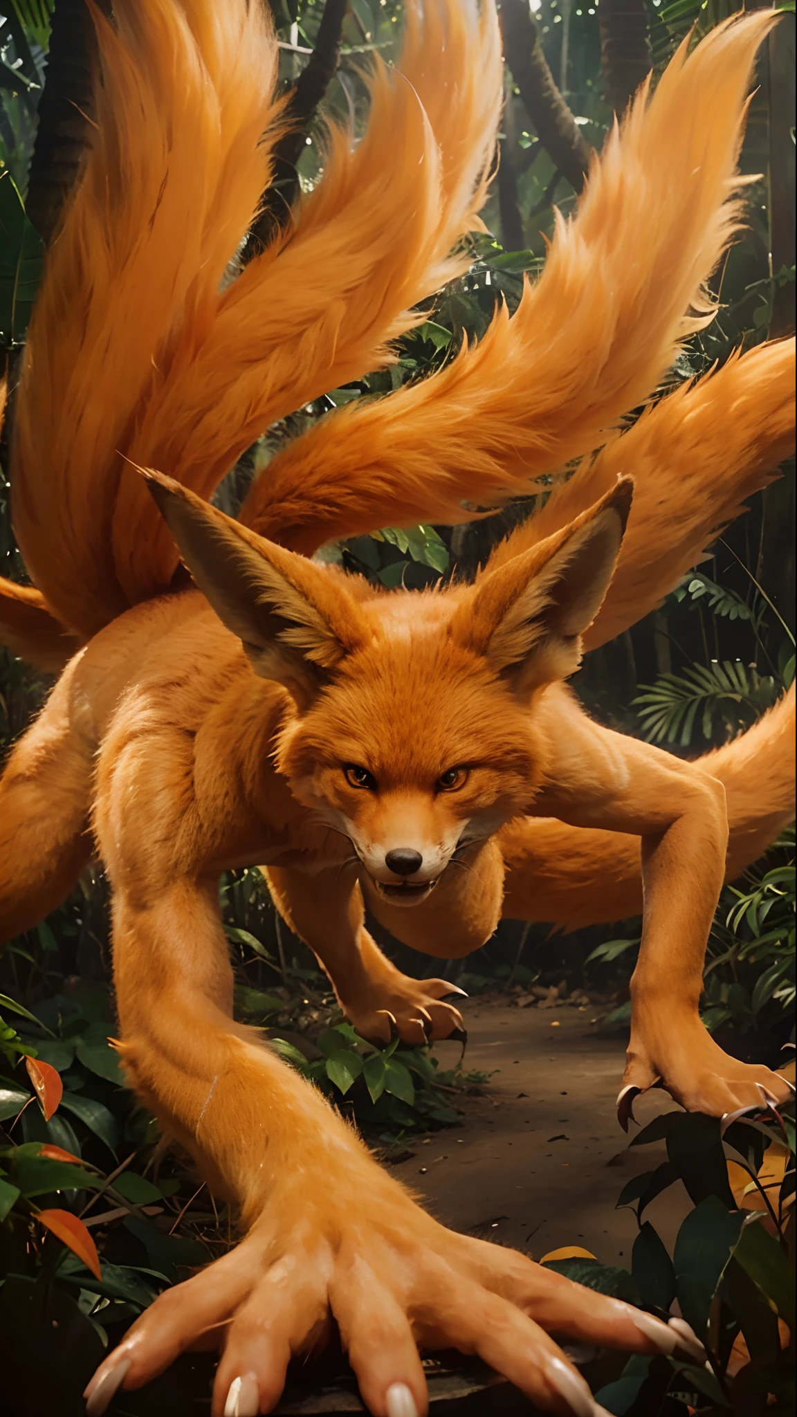 Realistic orange fox monster with many tails, angry expression, hyper realistic, realistic light, realistic shadow, realism, realistic jungle background,(photorealistic:1.2)