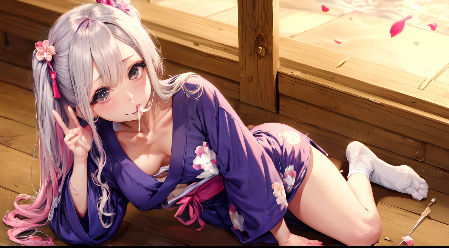Wearing a yukata smil invite kneeking Longhaire pink there piercings Alone flower petals Curta seduces gyuru piercings Tying up hair Soio While sucking scrunchies in the mouth I see underwear Large ribbon