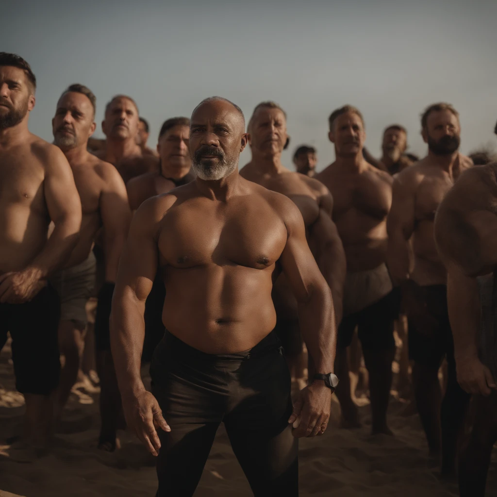 Foto RAW de corpo inteiro, Large group of muscular men over the age of 45 wearing no clothing with big bulge, jerking off, rosto florido (parede suja no fundo), (pele altamente detalhada: 1.2), 8k uhd, dslr, soft-lighting, alta qualidade, film granulation, Fujifilm XT3, corpo inteiro, vista do solo