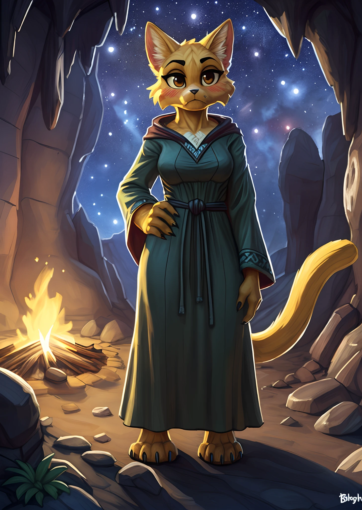 [katia managan], [Uploaded to e621.net; (Pixelsketcher), (foxovh), (wamudraws)], [(Uploaded to twitter.com); (@senip)], ((masterpiece)), ((HD)), ((solo portrait)), ((full body)), ((front view)), ((furry; anthro)), ((D&D)), ((detailed fur)), ((detailed shading)), ((beautiful render art)), {anthro; yellow fur, black nose, (long yellow cat tail), (cute dark brown eyes), (blushing), (frown), (cute fangs)}, {(green long sleeve robe). (long dress), (beautiful feet), (black claws)}, {(standing), (arms at side), (looking at viewer)}, [background; (cave), (starry sky), (campfire), (ambient lighting)]