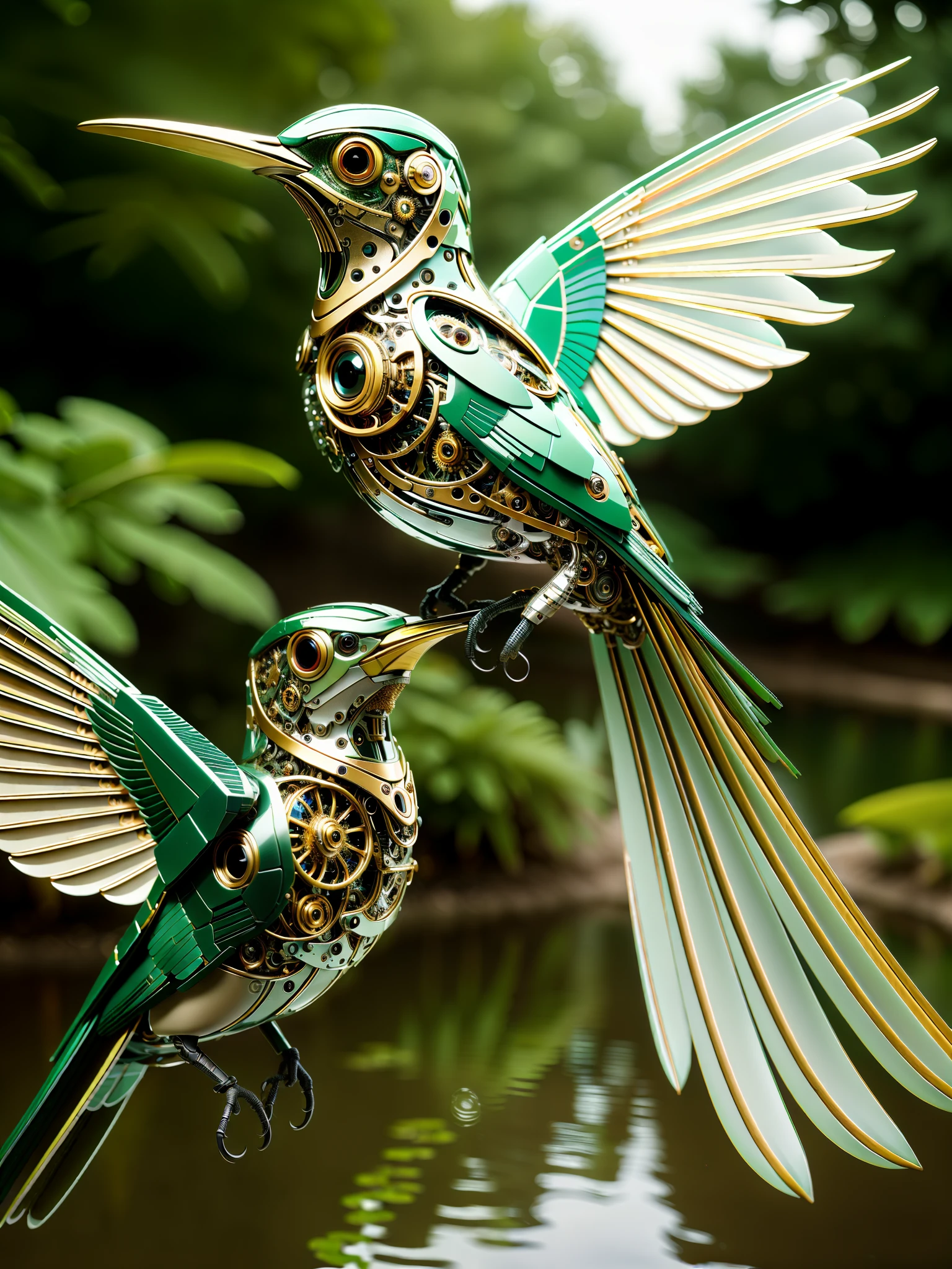 ((Masterpiece)), ((Best quality)), 8K, high detal, Ultra-detailed, A mechanical bird, Harmoniously integrated into the beauty of nature, Strike a balance between technology and environment, Mechanical birds, ((Nature)), ((a harmonious integration)), ((Balance between technology and environment)), Metal feathers, Gear mechanism, Perched on tree branches, Fluttering leaves, Sunlight shines through the canopy, Reflection in the pond.