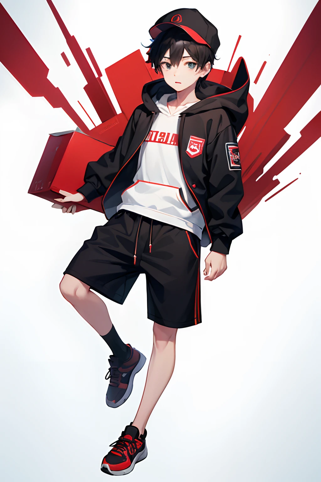1boy, Full body, white background, young,short height, Delivery Boy, Black hair, with small cap, Black and red clothes,simple clothes, Hoodie(no logo)