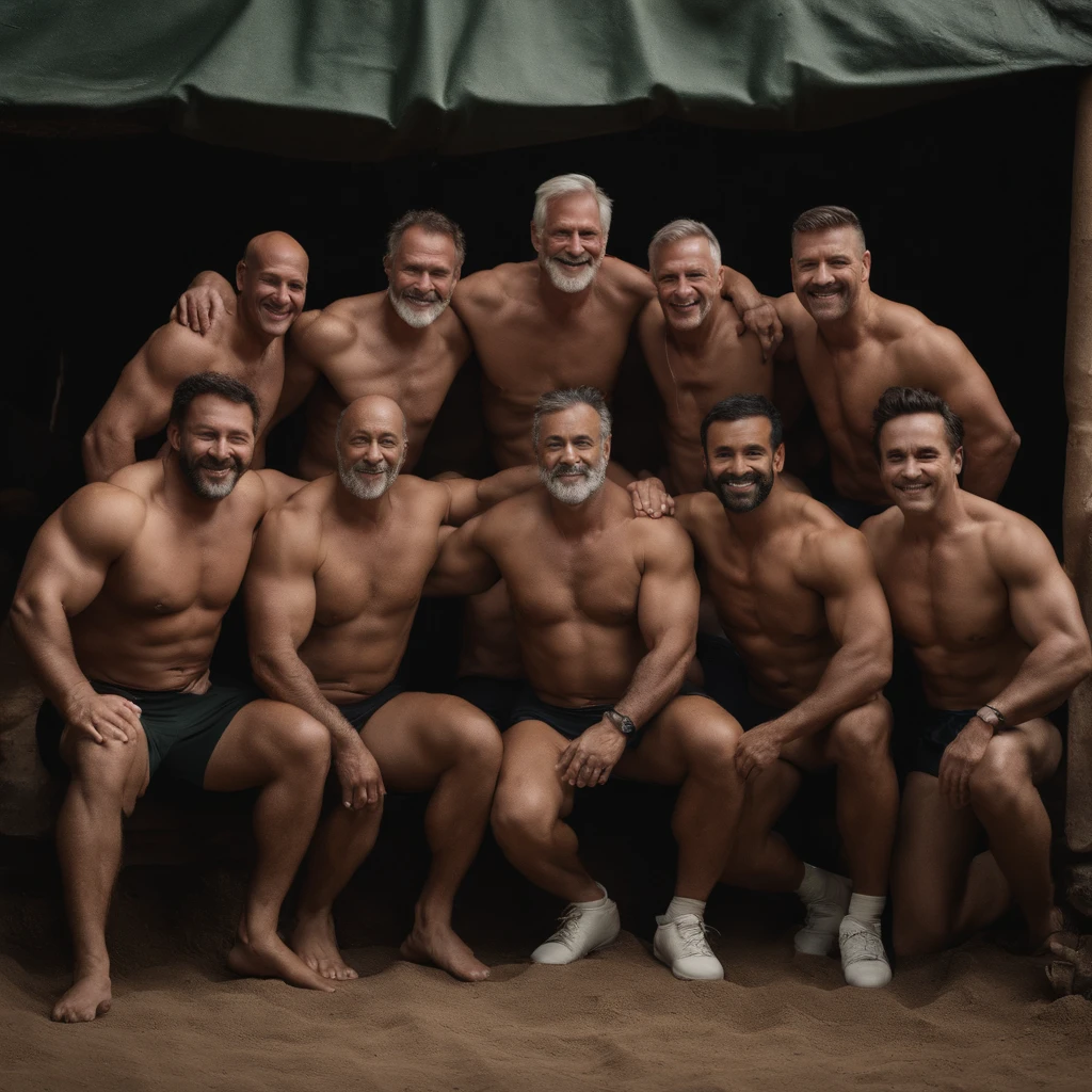 Foto RAW de corpo inteiro, Large group of muscular men over the age of 45 wearing a dirty white athletic support and worn with bulge, hugging each other, rosto florido (parede suja no fundo), (pele altamente detalhada: 1.2), 8k uhd, dslr, soft-lighting, alta qualidade, film granulation, Fujifilm XT3, corpo inteiro, vista do solo