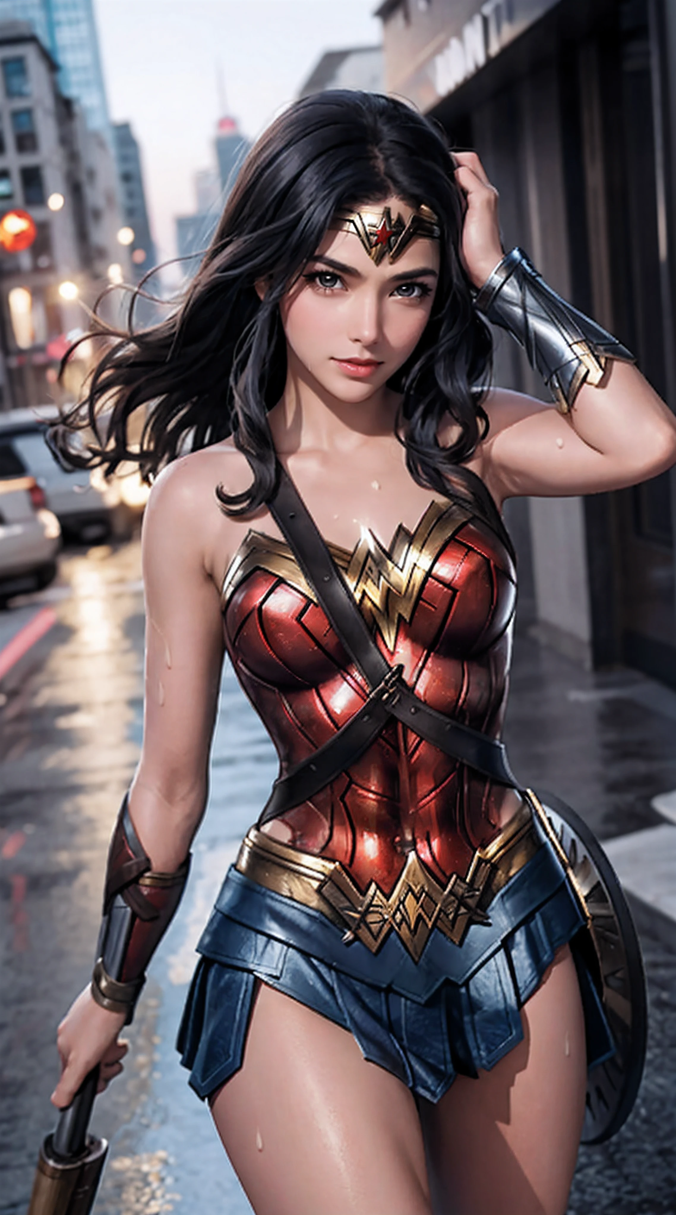 Wonder Woman (Gal Gadot) with her arms behind her head, (armpit, hairy armpit, long hair, fulfilled hair)