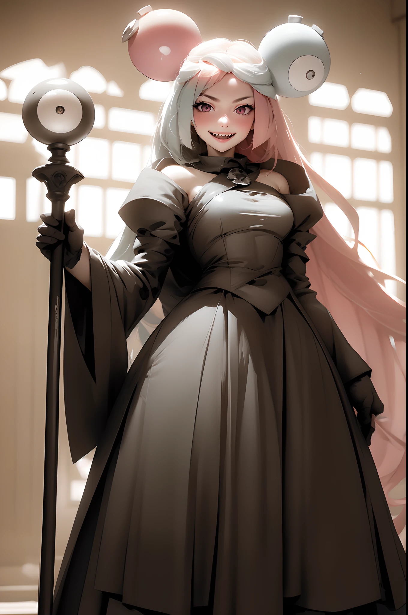 iono,1 girl,pink eyes,solo,smile,open mouth,fangs ,indoors,woman-medieval-clothes, priestess, staff holding, smile, long skirt, large skirt, full body,horns, armor