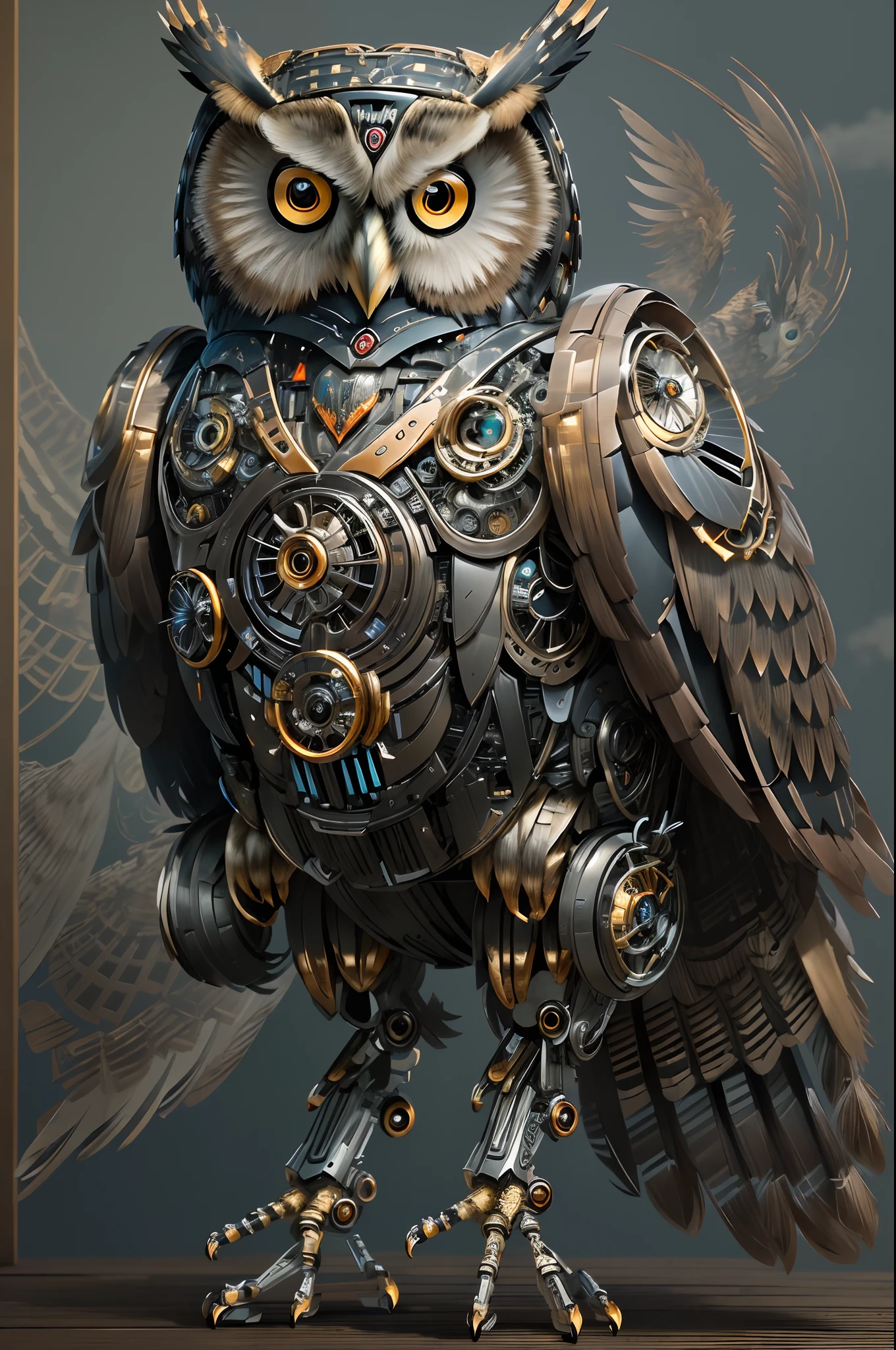 (Best quality,4K,8K,A high resolution,Masterpiece:1.2).((A giant mechanical owl:1.37))，Glowing eyes，sharp beak,sharp talons。Machinary，gear wheel，steampunk wind。