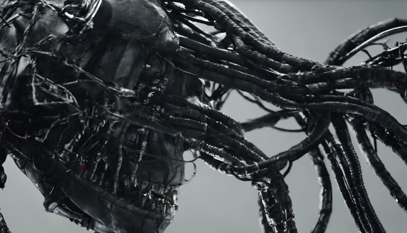 Horror robot face, cables, wires.