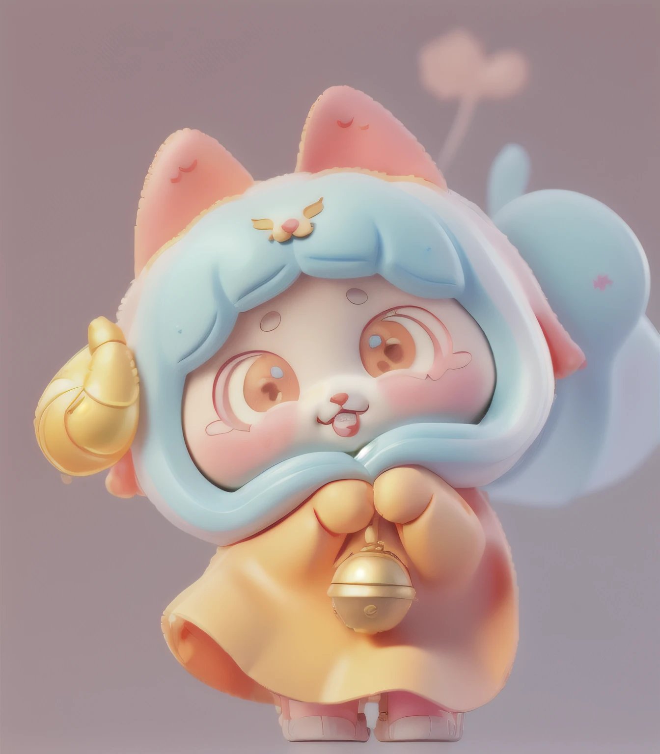 There is a painting，A little girl in a cat-faced cape, There is a horn on the right side of the head, kawaii, Pick up the bell,Cute detailed digital art, cute colorful adorable, Popular blind box toys, lovely art style, anime cat, cute artwork, , cute detailed artwork, A high resolution, Modeling renders stereograms, "Alice in Wonderland", cute character, Light colors,Girly colors,Three-dimensional,by Pixar,３ｄModeling