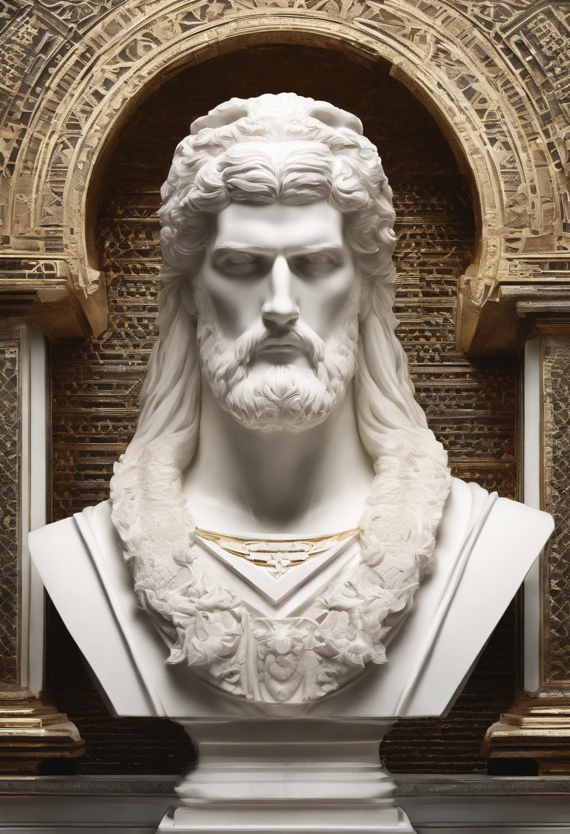 Henry Cavill as Warhammer 40K , Space Marines as White marble statue of bust of wise man with the style of the bearded Greek philosopher in the museum. Atmosfera escura, alto contraste de luz e sombra, fotografia profissional, utrarealista, Light Volumetric, cinemactic