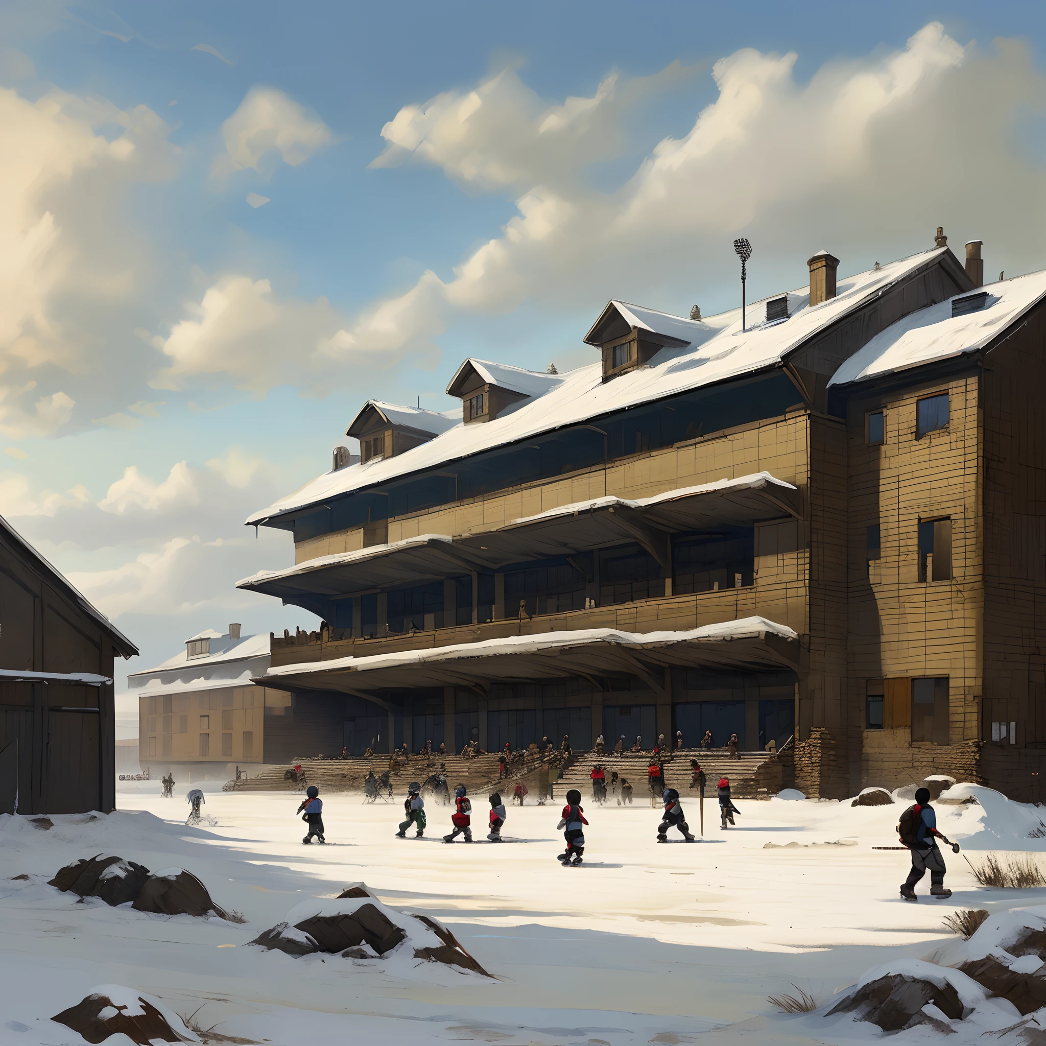 Large school with a large canteen and places to play sports