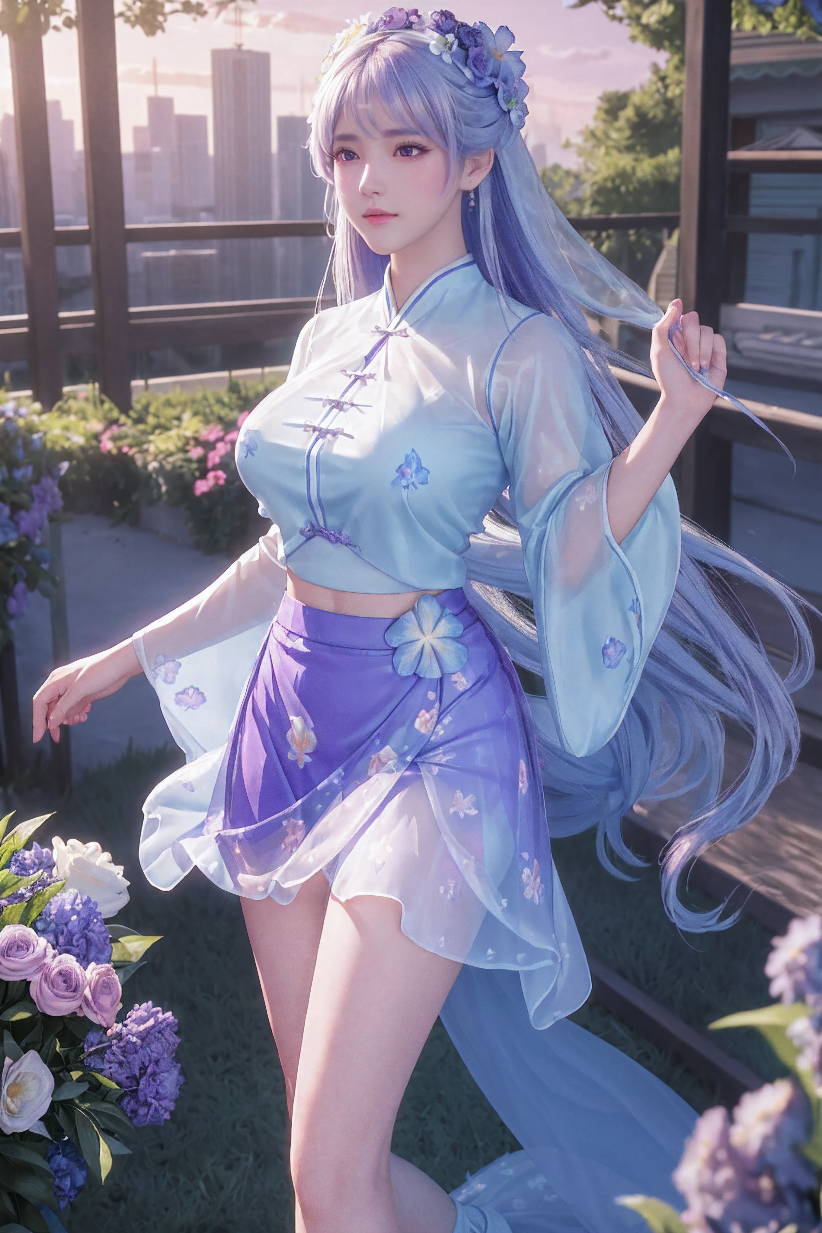 masterpiece, professional lighting, photon mapping, radiosity, physically-based rendering,1girl, full body,absurdres, highres, skyline, beautiful detailed sky, covered , large breasts,(song style outfits, light blue short shan, translucent white pleated skirt, (purple floral songmo:1.2):1.2),yellow eyes,
