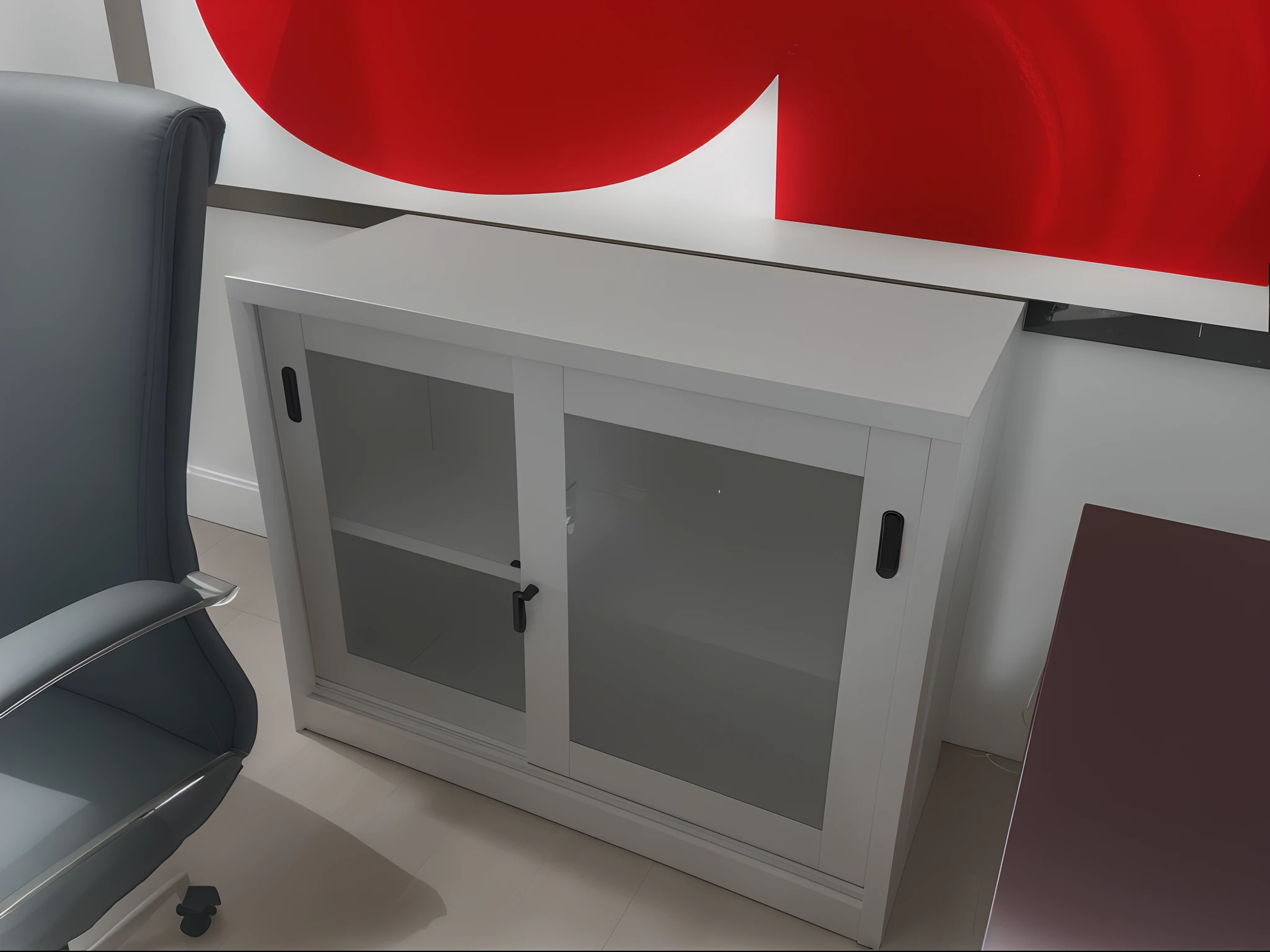 There is a chair and a closet in one room, cabinet furniture, full-length view. white plastic, lockers, lockers, nevoeiro, montado profissionalmente, in a foggy office, office furniture, Acabamento branco, wooden cabinet, vitrine, imagem de alta qualidade, medium close shot, prateleira, VTM, assunto completo mostrado na foto, Fechar cena, foto do produto