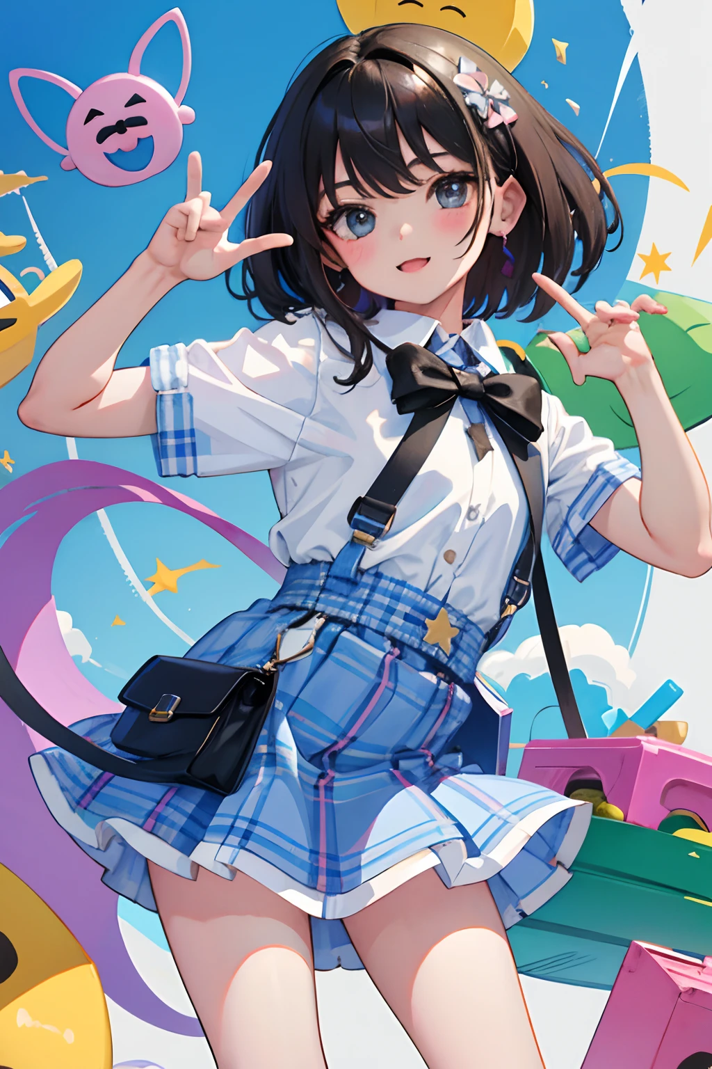 (child),(masterpiece,Highest Quality),Pastel hoodies with short sleeves,(gingham checked skirt),A dark-haired,World of toys