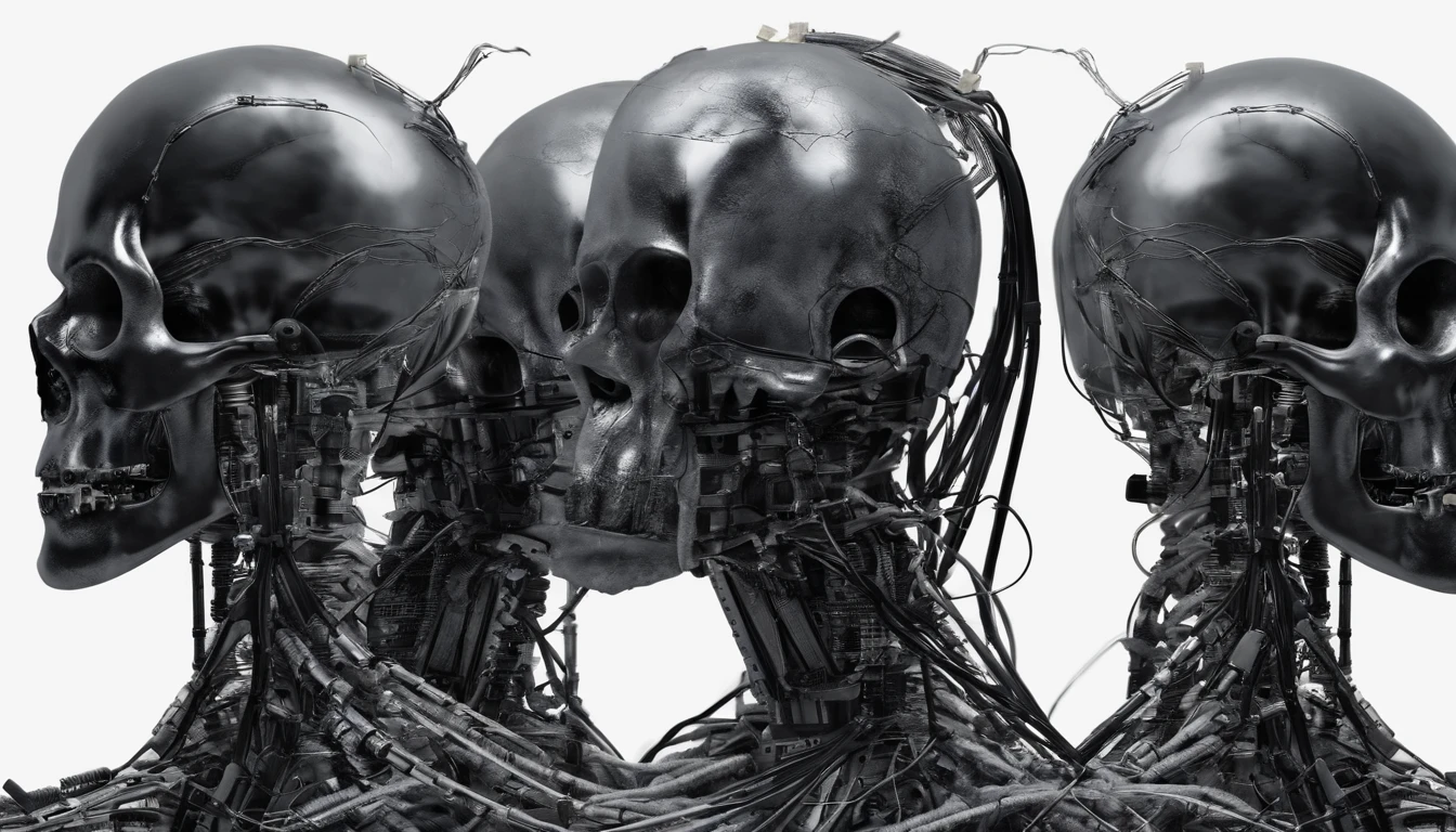 Horror robot skull, cables, wires.