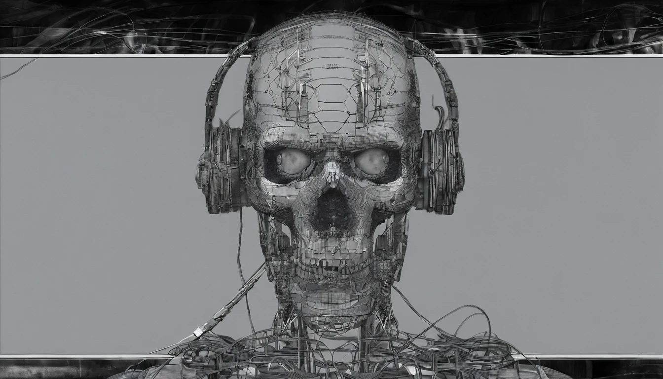 Horror robot skull, cables, wires.