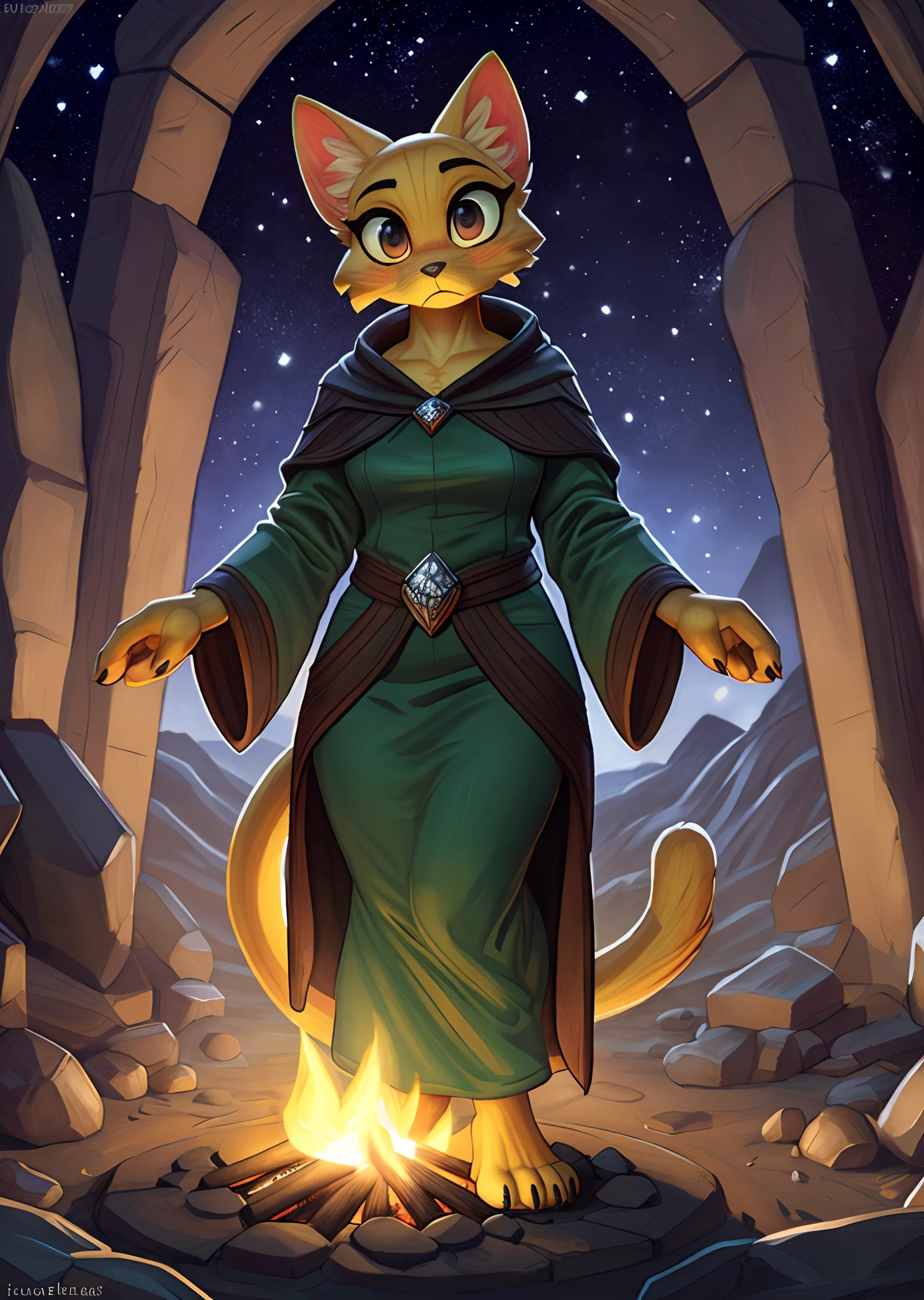 [katia managan], [Uploaded to e621.net; (Pixelsketcher), (wamudraws)], [(Uploaded to twitter.com); (@senip)], ((masterpiece)), ((HD)), ((solo portrait)), ((full body)), ((front view)), ((furry; anthro)), ((D&D)), ((detailed fur)), ((detailed shading)), ((beautiful render art)), {anthro; yellow fur, black nose, (long yellow cat tail), (cute dark brown surprised eyes), (blushing), (frown)}, {(green long sleeve robe). (long dress), (beautiful feet), (black claws)}, {(standing), (arms at side), (looking at viewer)}, [background; (cave), (starry sky), (campfire), (ambient lighting)]