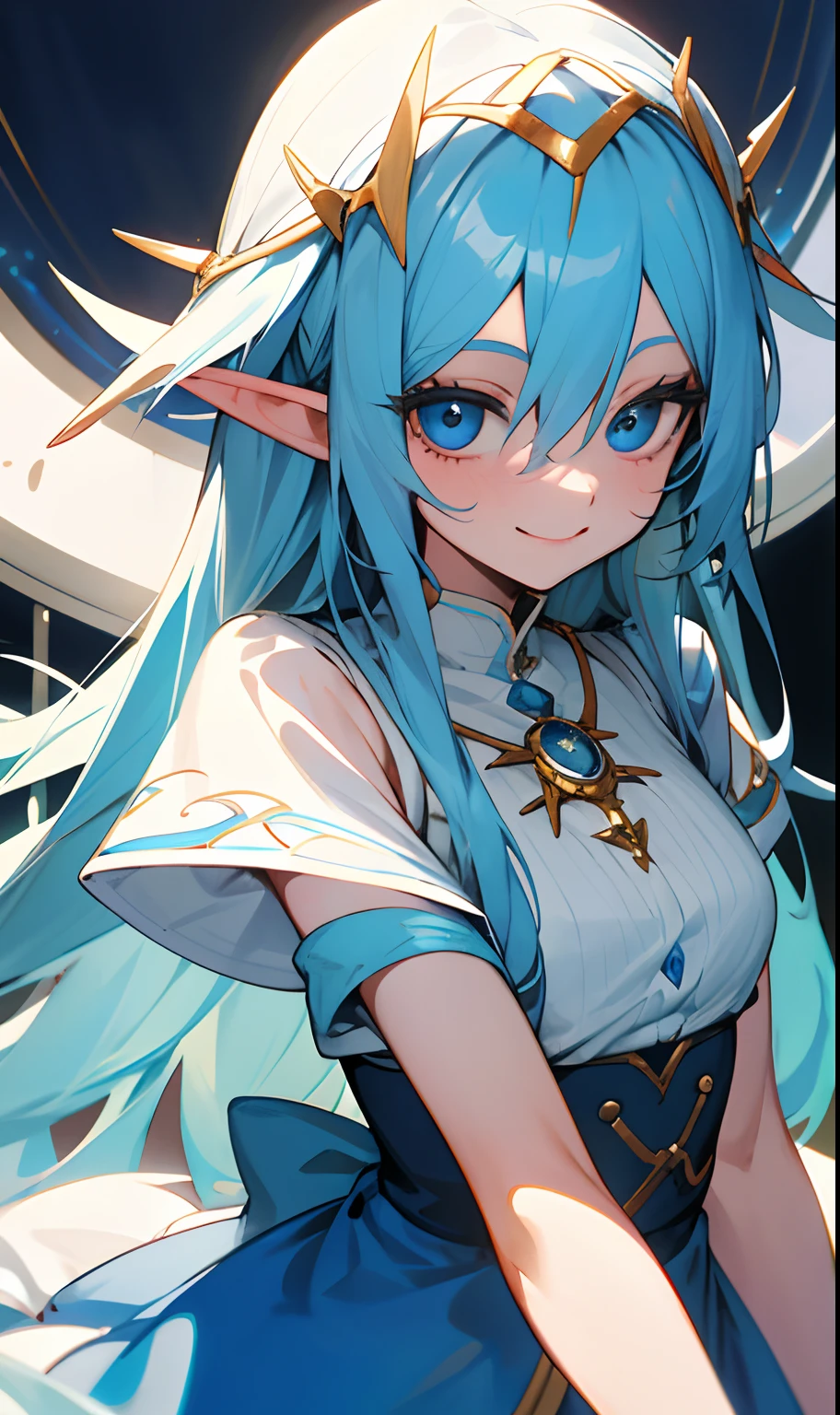 femele, kind, funny, Beautiful, looking after, Long blue hair, A smile, Dressed in white, Blue eyeball、Cheerful atmosphere,elvish,Spiteful smile,