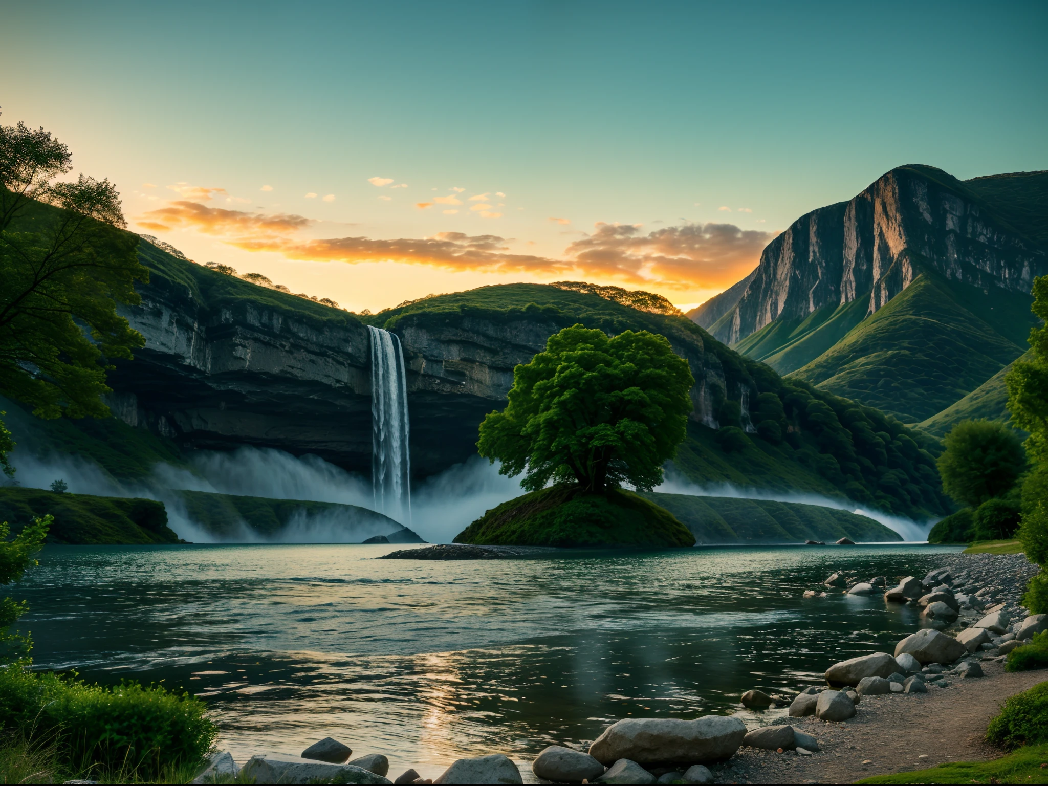 Masterpiece 8k quality hyper realistic ultra  hd evening time photorealistic scenery of a waterfall in distance highly detailed mega hd