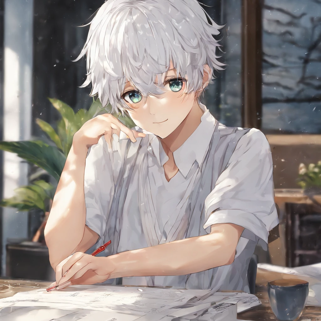 masterpiece, bestquality, UHD, painting, Beautiful eyes and detailed faces, illustration, beautiful details, anime, 16-year-old boy. , whitehair, yellow eyes, High level of creativity, gorgeous face, Japanese Men, Pretty Boy, School Girls Uniform, sharp, Sharp lighting, anime, School Girls Uniform, Men resemble women.., Realistic arm hands, delicate fingers