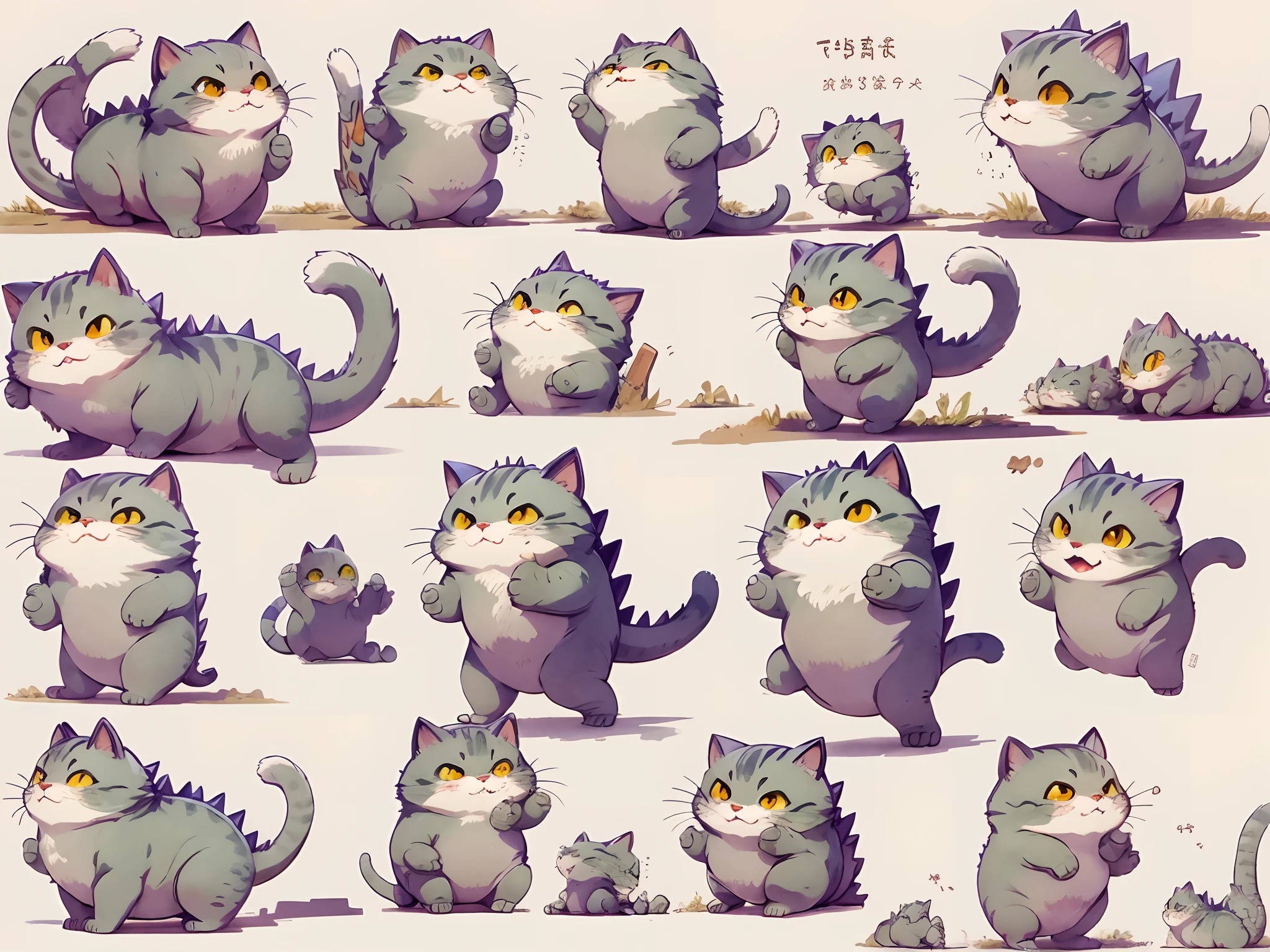 Cute cat, wearing Godzilla costume, chibi, full body, character sheet, various angles, white background, various poses, various expressions, crying, laughing, dynamic poses, consistent character, picture book style, Ghibli style, Watercolor style,
