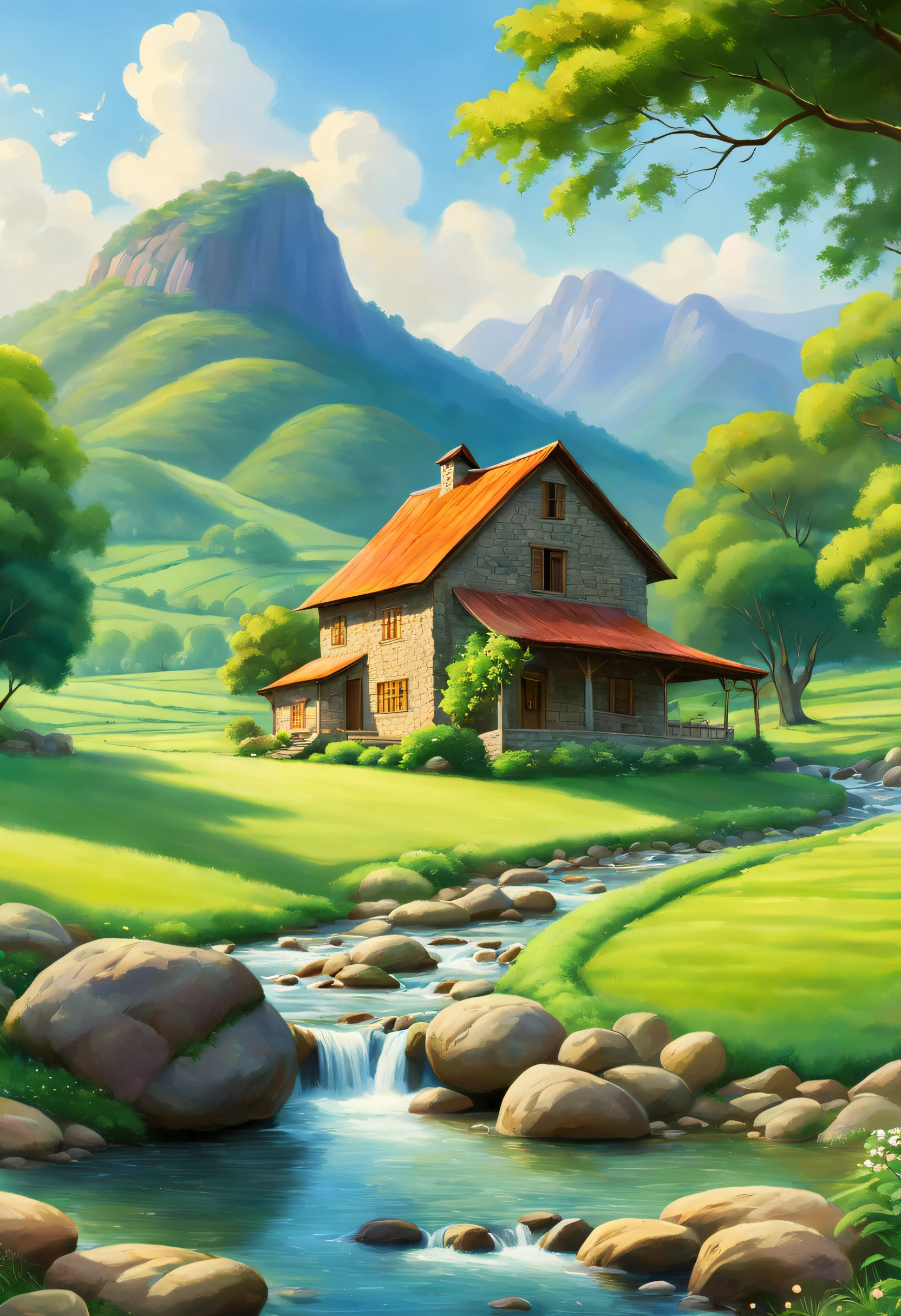 (Disney Pixar Style: 1.1), full-length photo, A painting of a farm, with a stone house, located in a valley, with many trees, green field Narayana Prabakala, The farm conveys tranquility and serenity, Against the backdrop of a mountain, (a small stream: 1.15), in the summer afternoon