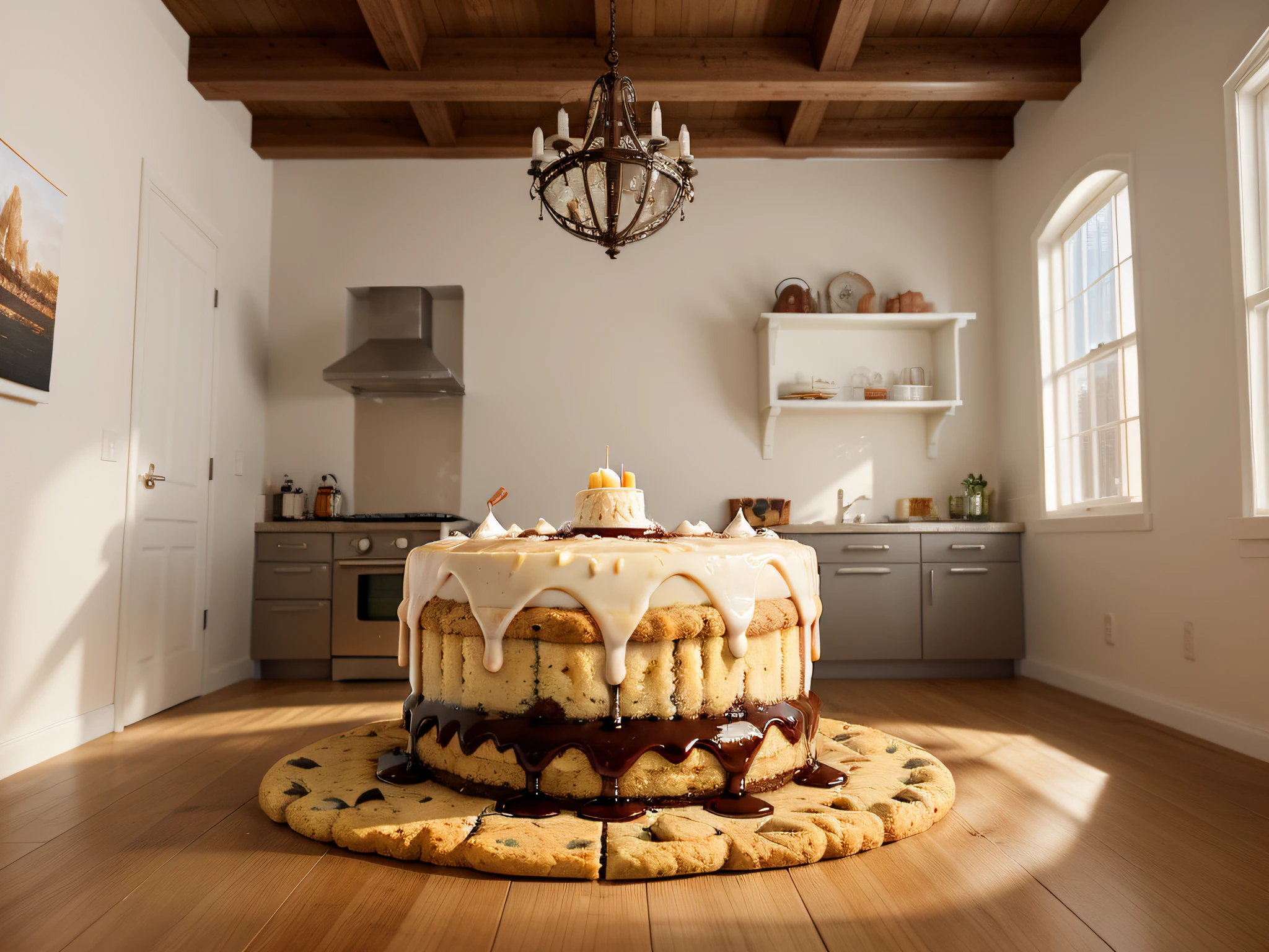Iconic, detailed CG artwork of an unusual house constructed entirely out of a delicious New-York-style cheesecake. Picture a residence with creamy white walls topped with a rich crust roof, all set in a chocolate chip cookie path leading to the cheesecake house. Need this painting to capture the delightful absurdity of the concept, evoking a similar comedic style found in children adaptation books. This would be tailored for an 8k resolution, ensuring even the most minute textures of the cheesecake and its surroundings are captured in the artwork
