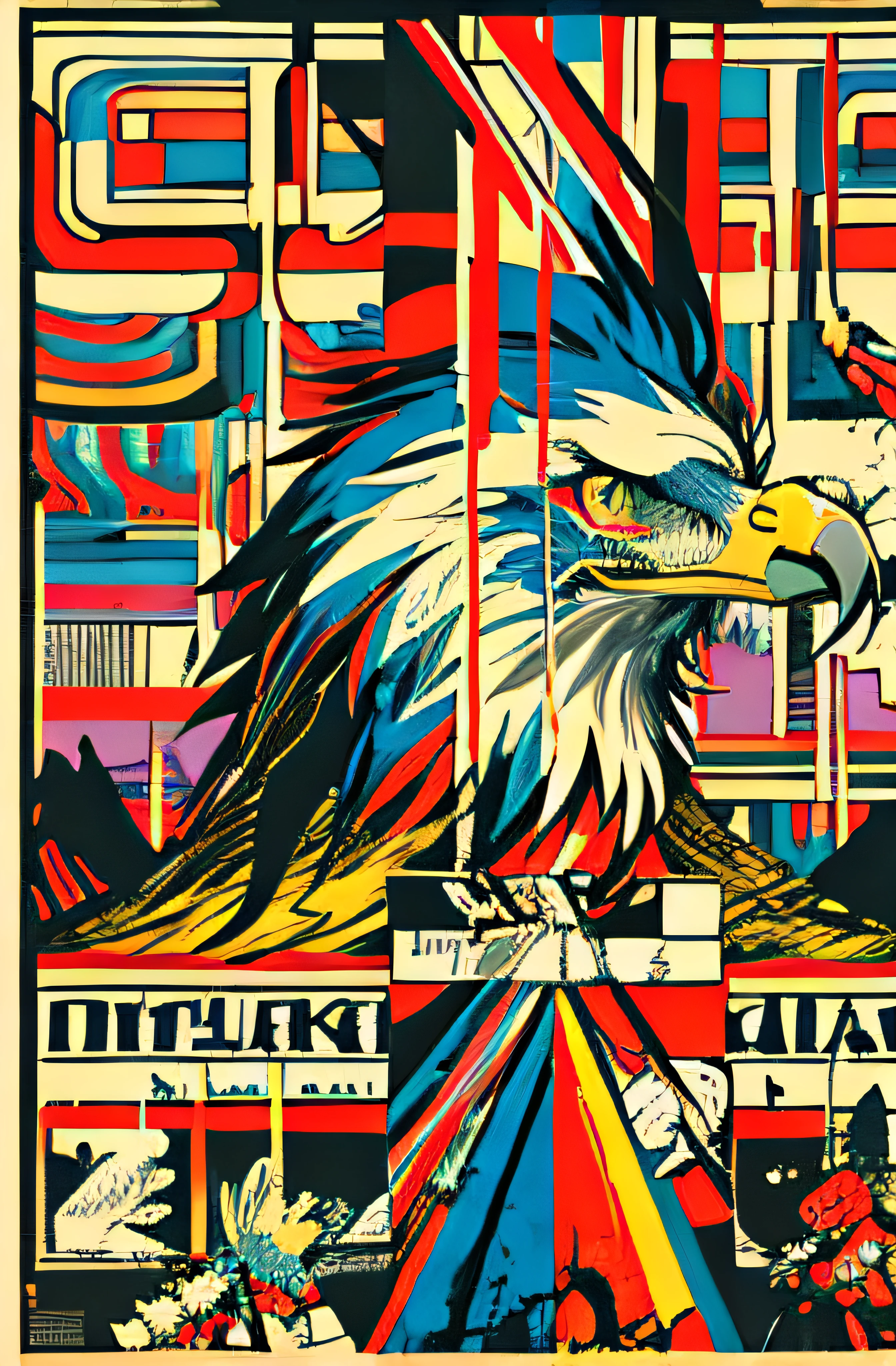 (((dramatic))), (((gritty))), (((intense)))), eagle,  The movie poster features \(Masterpiece, Best Quality), 8k Wallpaper, highly detailed, poster, vintage, 1960s, Bauhaus, cinematic movie poster, shapes, lines, abstract, propaganda, mid century modern, movie poster, The color palette is dominated by dark colors, dotted with bright colors, giving the poster a dynamic and visual impact, (magazine:1.3), (cover-style:1.3), fashionable, vibrant, outfit, posing, front, colorful, dynamic, background, element, confident, expressive, holding, statement, attachment, majestic, coiled, around, touch, scene, cover, bold, eye-catching, fashion, catchy, bigger, eye-catching, modern, trendy, focused, stylish, no text