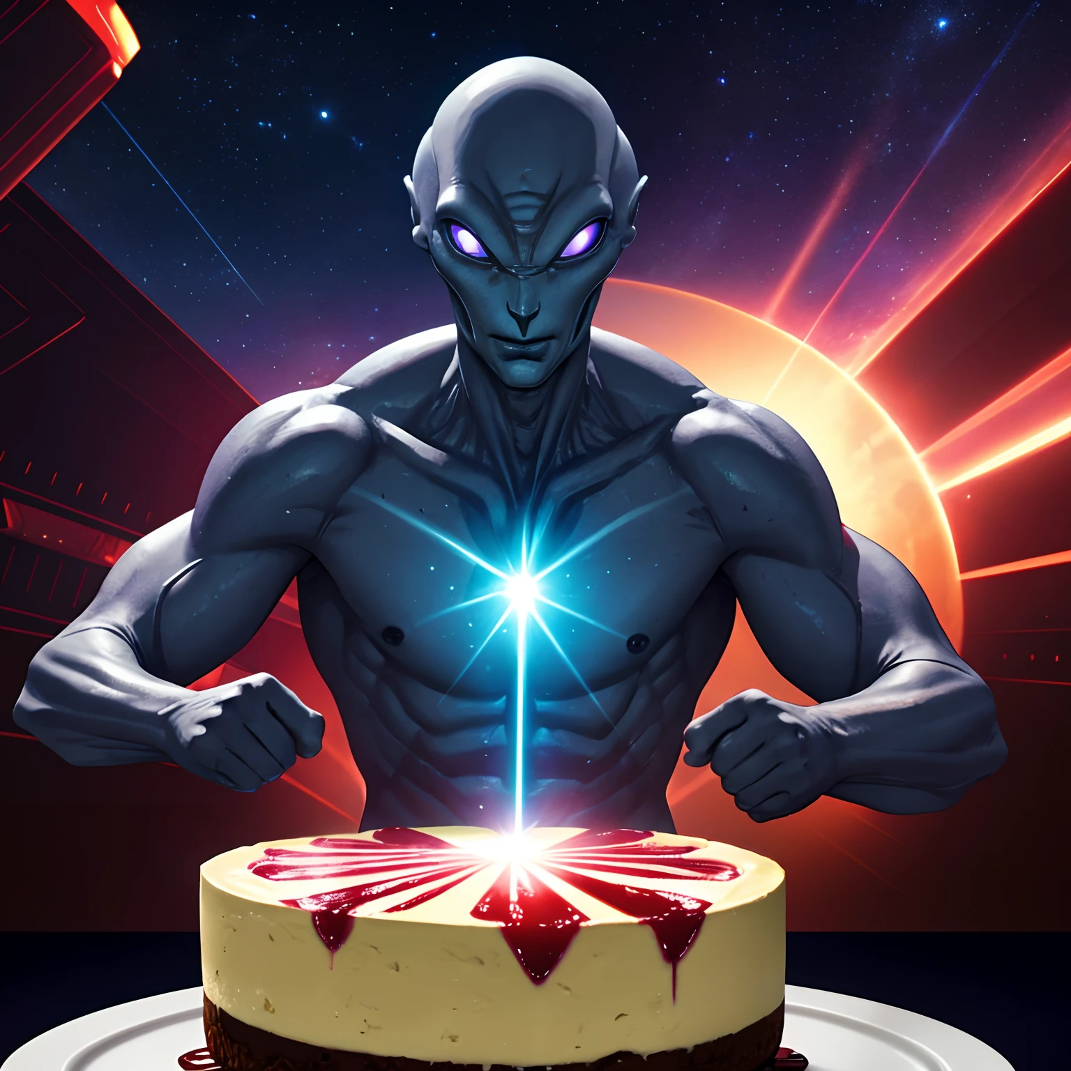 alien man, grey alien, cinematic lighting, 8K, highly detailed, glowing cheesecake, alien man points both fingers to the cheesecake, scenery, dynamic angle, laser beam from fingers, universe background, pov