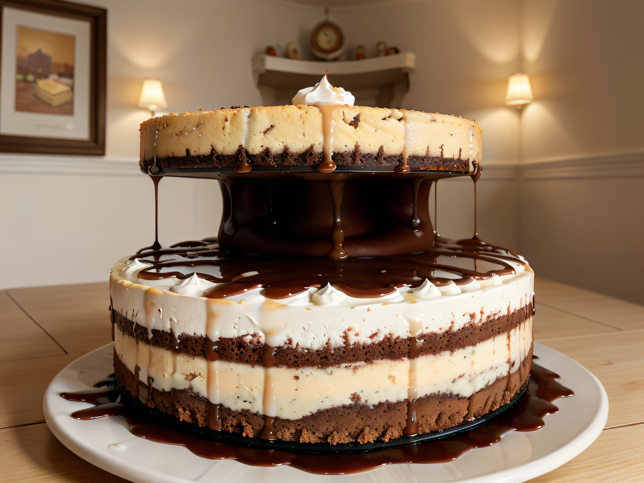Iconic, detailed CG artwork of an unusual house constructed entirely out of a delicious New-York-style cheesecake. Picture a residence with creamy white walls topped with a rich crust roof, all set in a chocolate chip cookie path leading to the cheesecake house. Need this painting to capture the delightful absurdity of the concept, evoking a similar comedic style found in children adaptation books. This would be tailored for an 8k resolution, ensuring even the most minute textures of the cheesecake and its surroundings are captured in the artwork