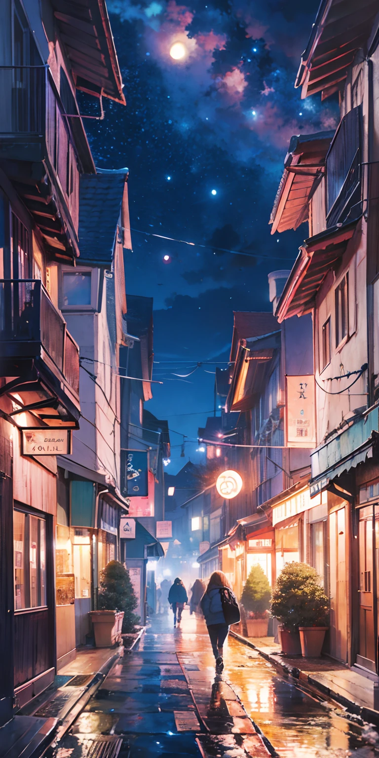 Anime landscape of a city with a tower, a person walking on a snowy path, cosmic sky. By: Makoto Shinkai, beautiful anime scenes, Makoto Shinkai, Cyril Rolando, anime background art, beautiful anime scenery, anime art wallpaper 4k, anime art wallpaper 4k, 4k anime wallpaper, anime wallpaper 4k, anime wallpaper 4k, details Reinforced, perfect detail processing.freedom, night,moon,anime,