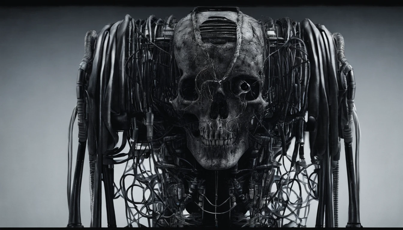 Horror robot skull, cables, wires.