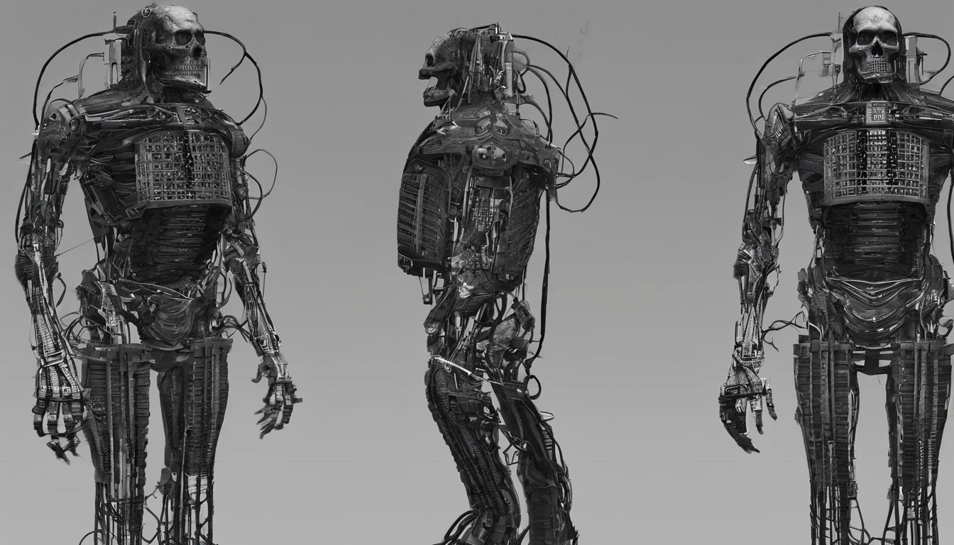 Horror robot skull, cables, wires.