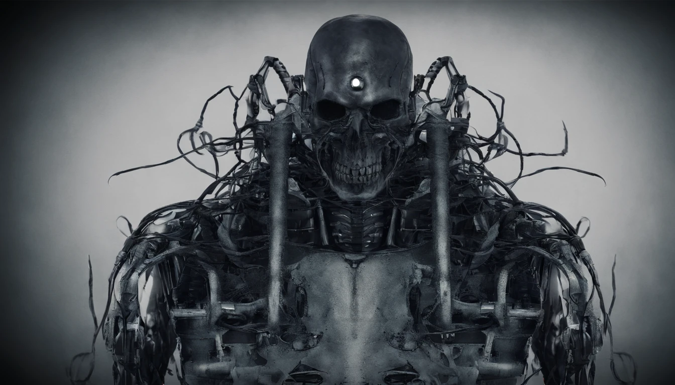 Horror robot skull, cables, wires, darkness, cinematic.