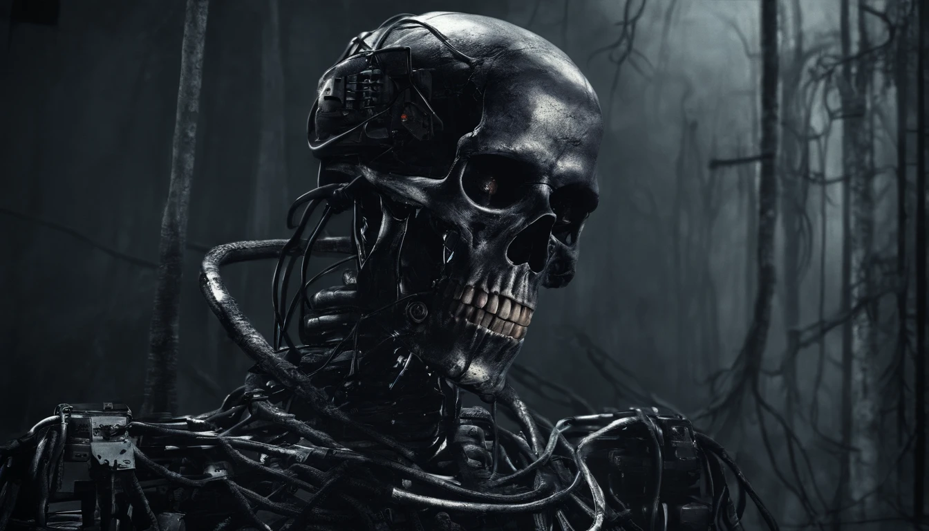 Horror robot skull, cables, wires, darkness, cinematic.