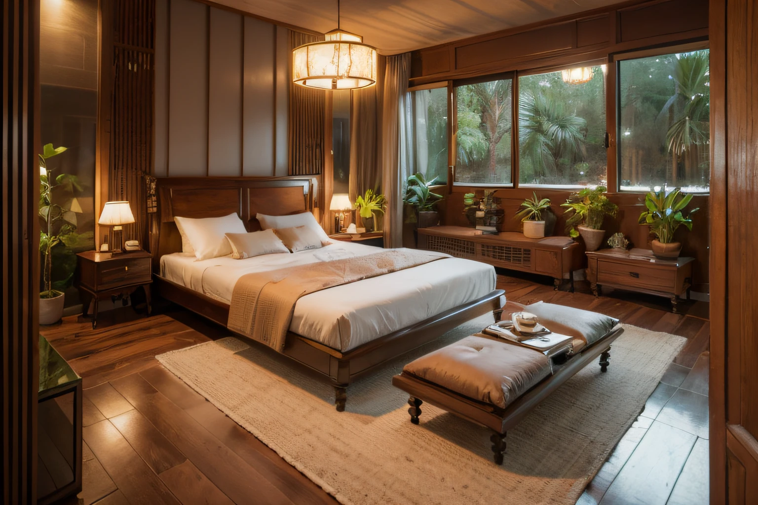 Interior design bedroom in the forest, Southeast Asian style decoration, Viet Nam, multi-angle display, 3d rendering, comfortable interior lighting, super detail, movies, furniture and glass in the evening, 8K, indochine_bedroom, (indochine style:1.4), dark wood