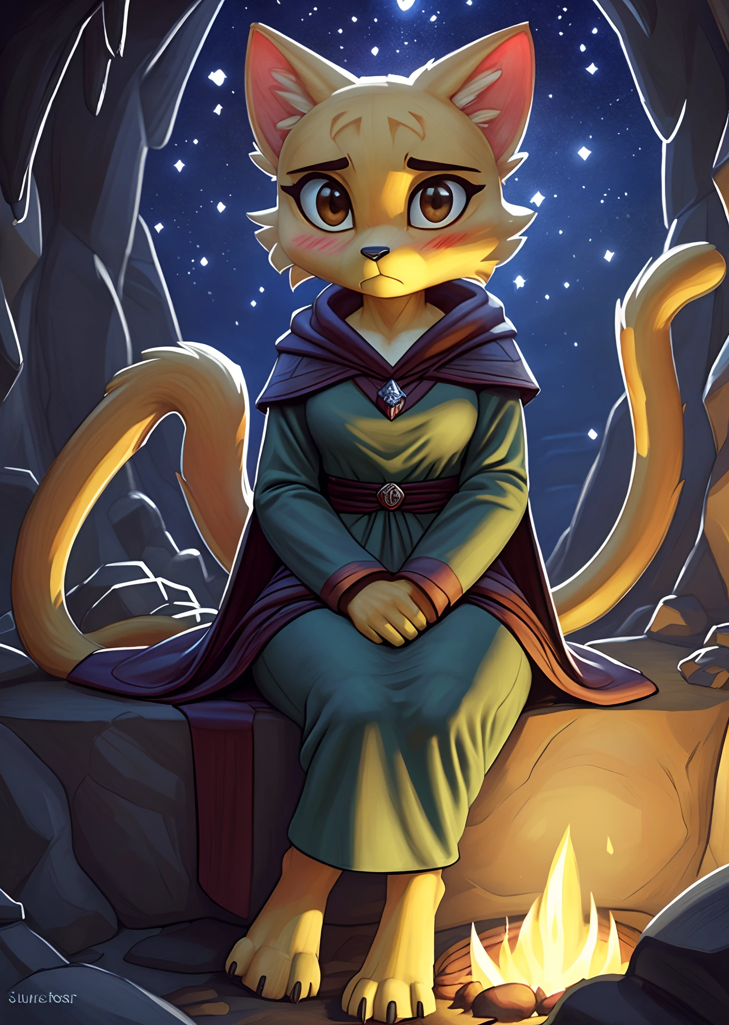[katia managan], [Uploaded to e621.net; (Pixelsketcher), (wamudraws)], [(Uploaded to twitter.com); (@senip)], ((masterpiece)), ((HD)), ((solo portrait)), ((full body)), ((front view)), ((furry; anthro)), ((D&D)), ((detailed fur)), ((detailed shading)), ((beautiful render art)), {anthro; yellow fur, black nose, (long yellow cat tail), (cute dark brown eyes), (blushing), (frown)}, {(green long sleeve robe). (long dress), (beautiful feet), (black claws)}, {(sitting), (hands in lap), (looking at viewer)}, [background; (cave), (starry sky), (campfire), (ambient lighting)]