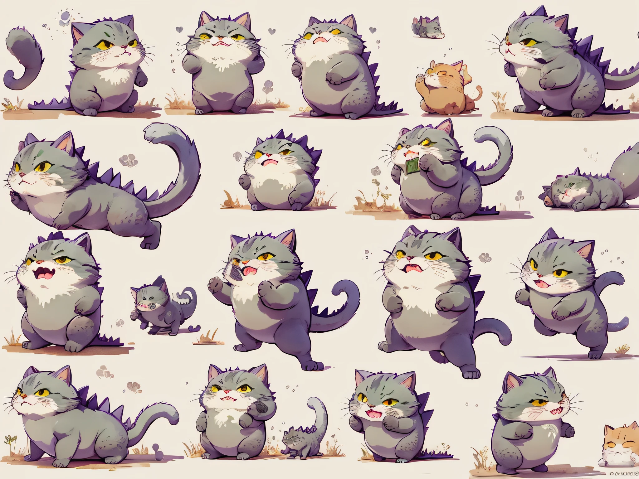 Cute cat, wearing Godzilla costume, chibi, full body, character sheet, various angles, white background, various poses, various expressions, crying, laughing, dynamic poses, consistent character, picture book style, Ghibli style, Watercolor style,