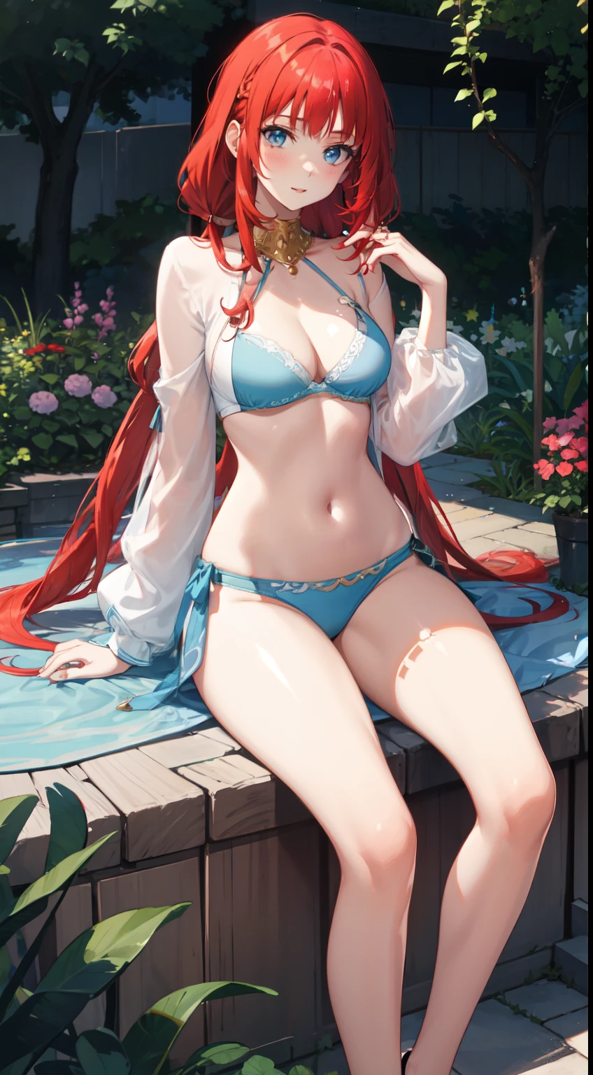 slim legs, blue eyes, nilou, red hair, long hair, mesmerising , medium breast, happy, navel, garden, cleavage, hanging breast, ??????, shoulder less